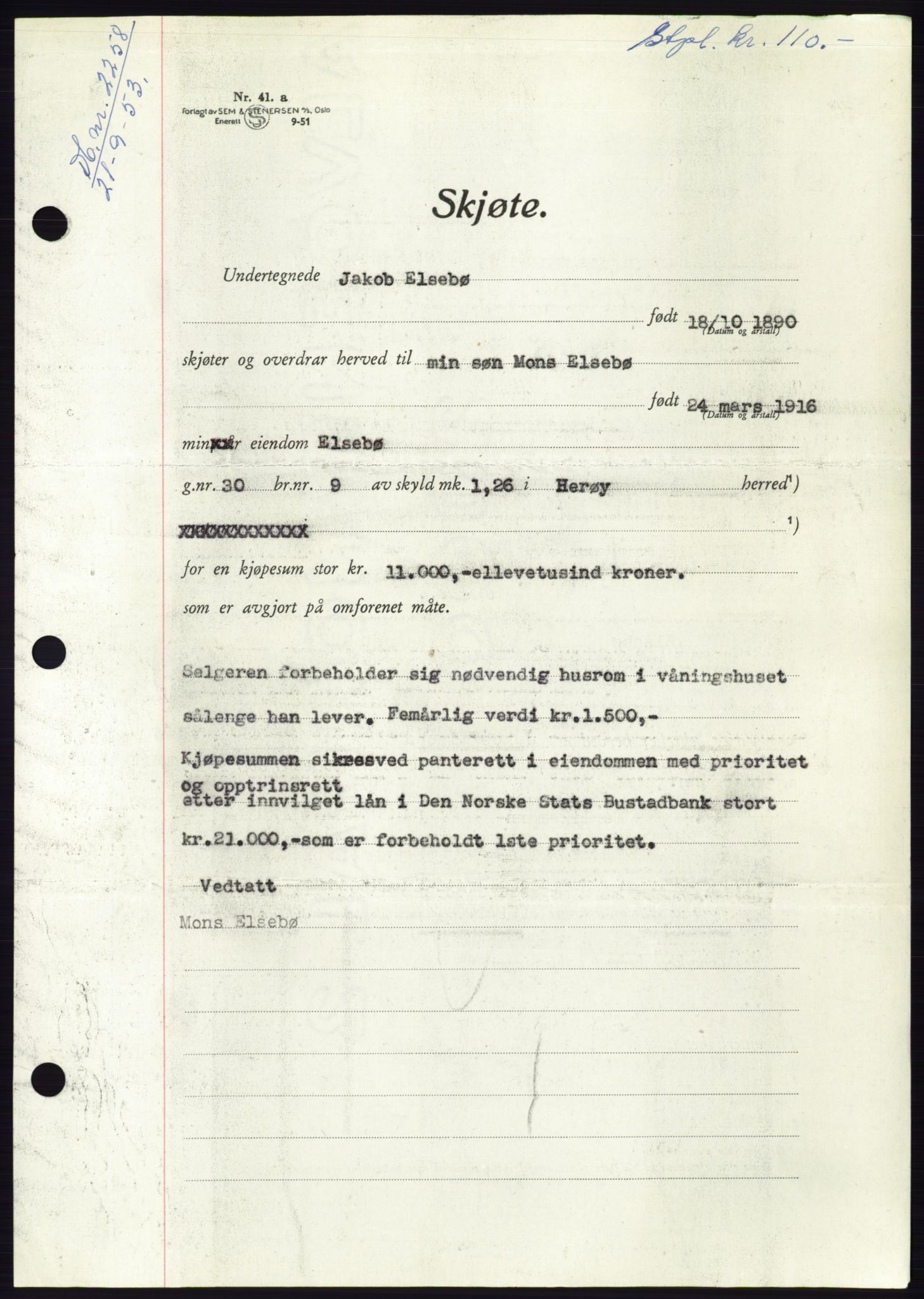 Søre Sunnmøre sorenskriveri, AV/SAT-A-4122/1/2/2C/L0095: Mortgage book no. 21A, 1953-1953, Diary no: : 2258/1953