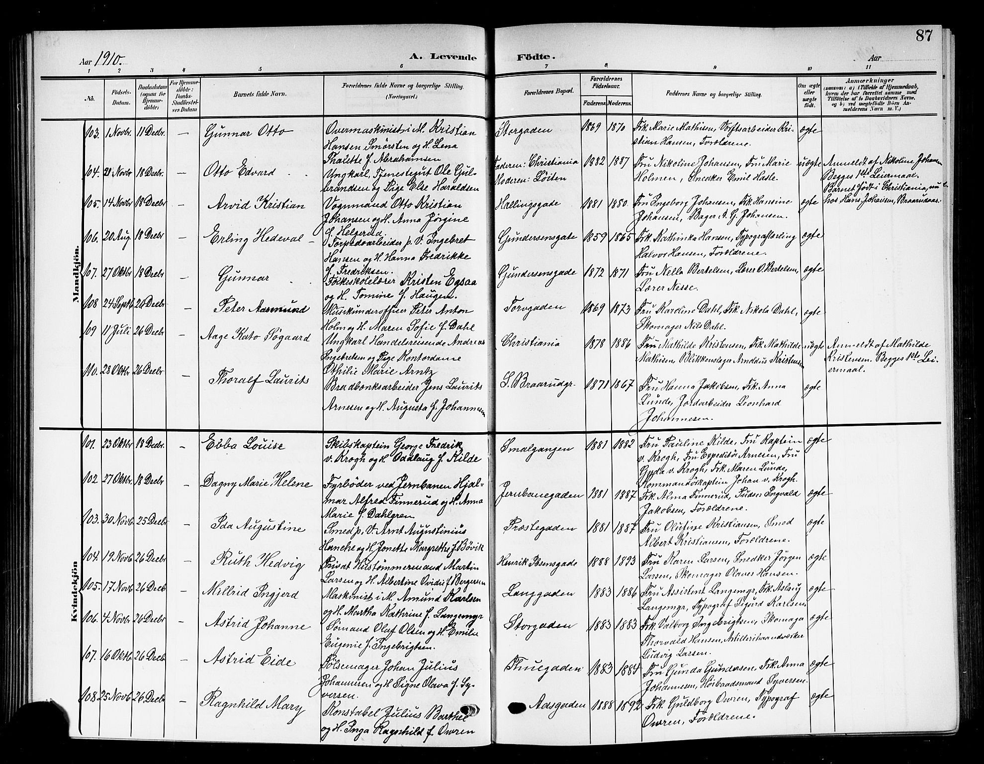 Horten kirkebøker, AV/SAKO-A-348/G/Ga/L0007: Parish register (copy) no. 7, 1905-1915, p. 87