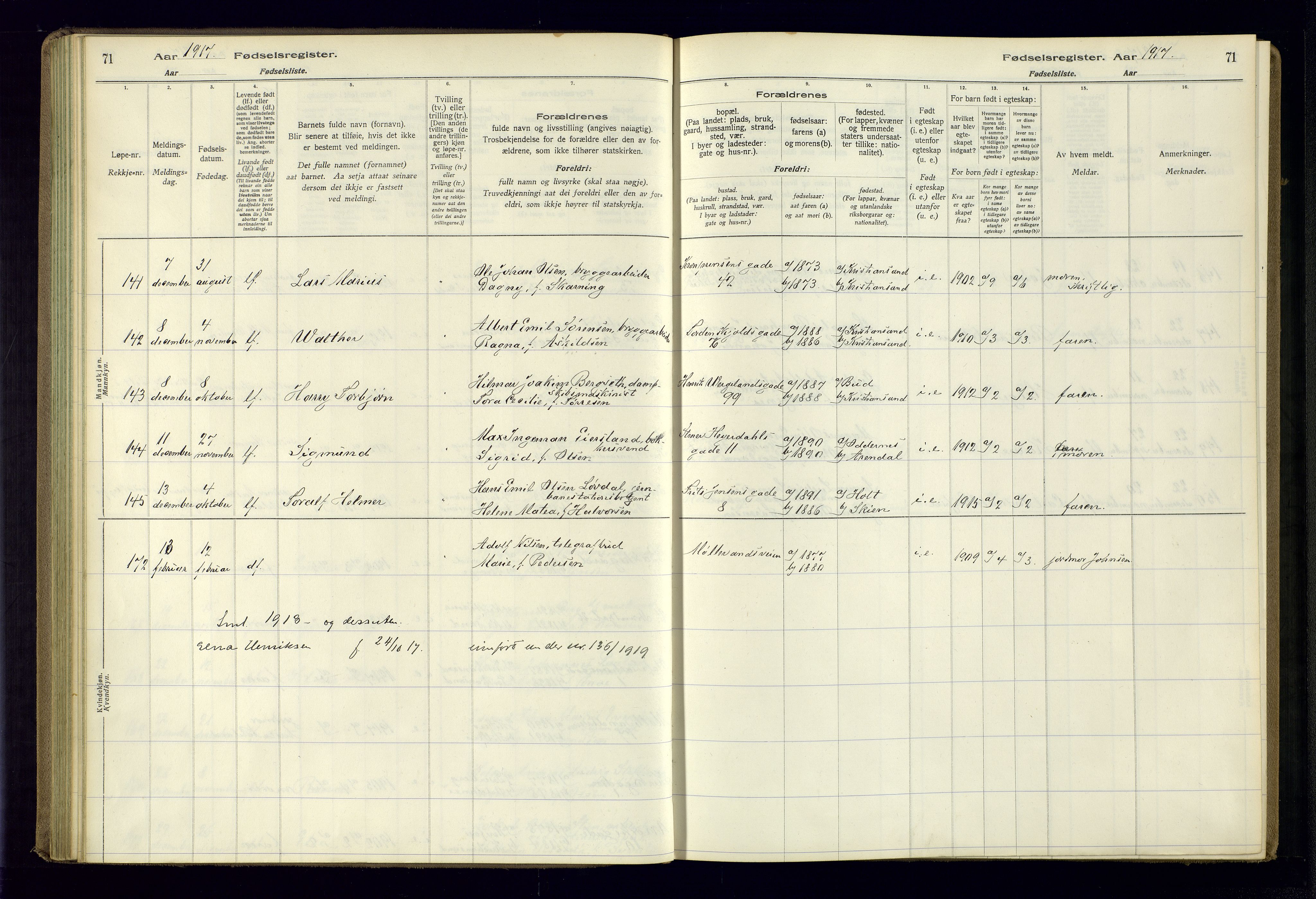 Kristiansand domprosti, AV/SAK-1112-0006/J/Jc/L0001: Birth register no. A-VI-45, 1916-1921, p. 71