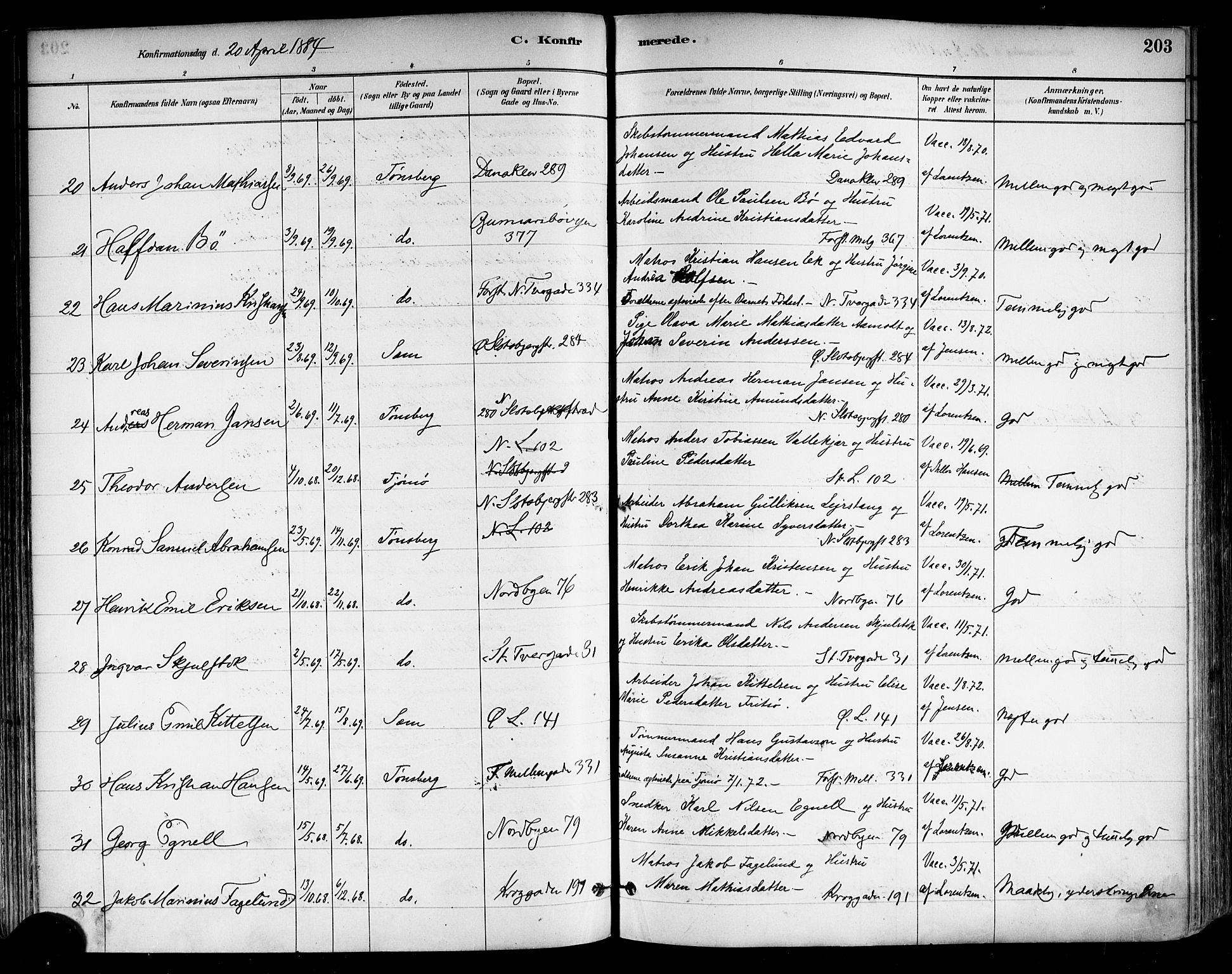 Tønsberg kirkebøker, SAKO/A-330/F/Fa/L0011: Parish register (official) no. I 11, 1881-1890, p. 203