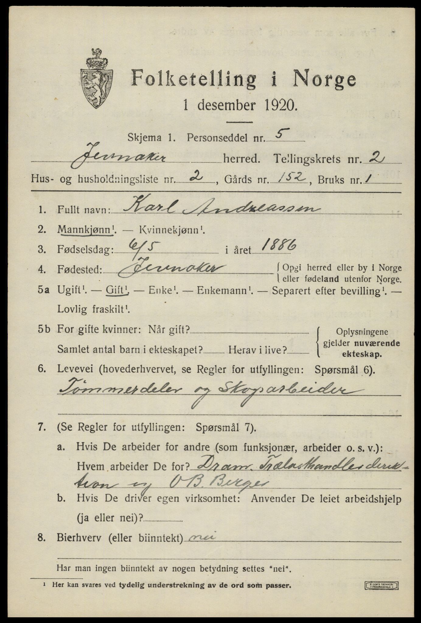 SAH, 1920 census for Jevnaker, 1920, p. 1415