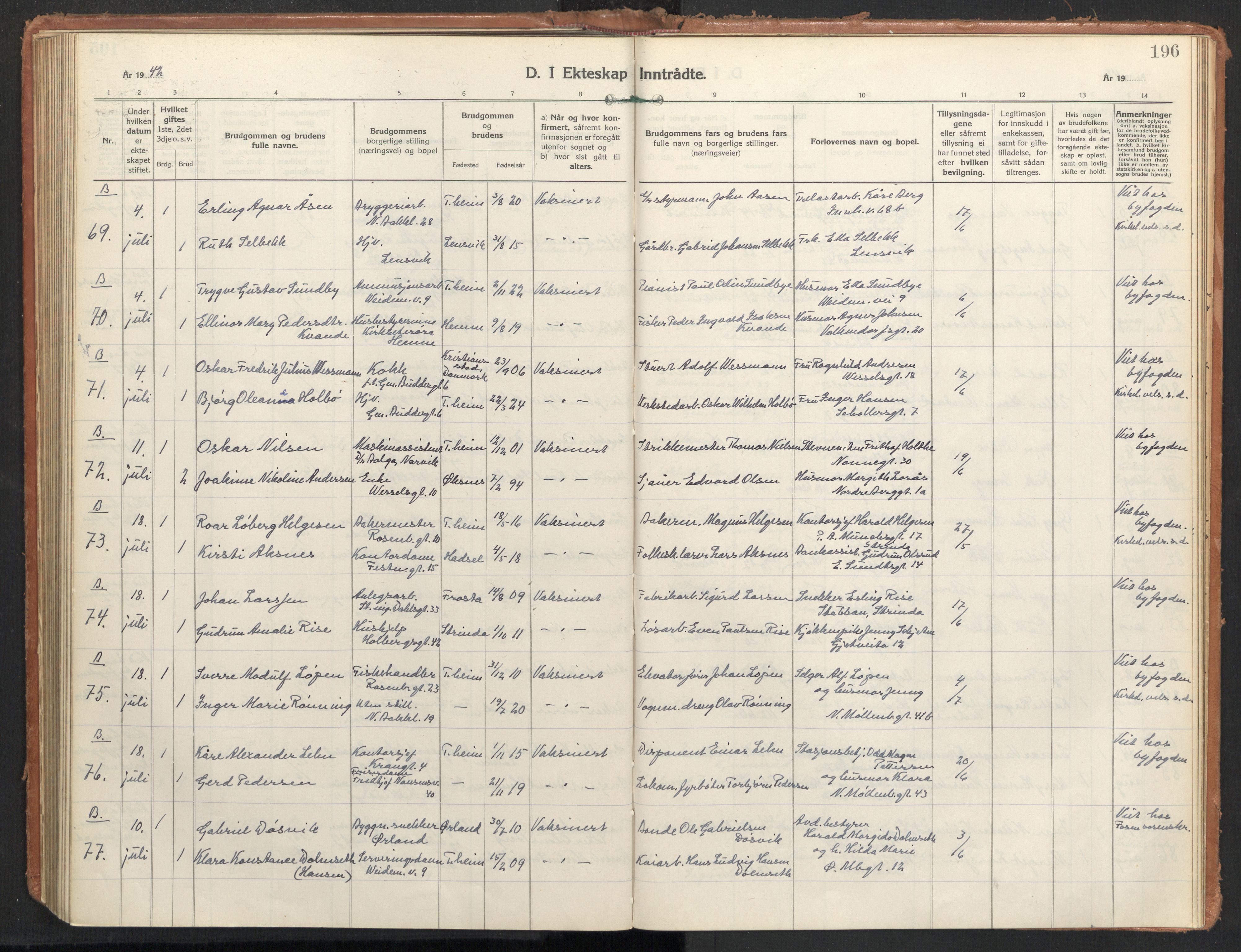 Ministerialprotokoller, klokkerbøker og fødselsregistre - Sør-Trøndelag, SAT/A-1456/604/L0209: Parish register (official) no. 604A29, 1931-1945, p. 196