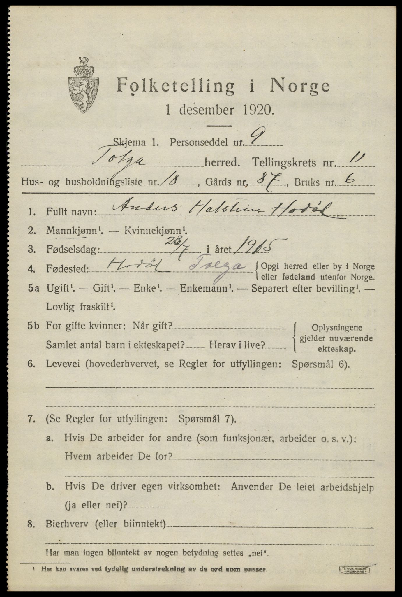 SAH, 1920 census for Tolga, 1920, p. 5453