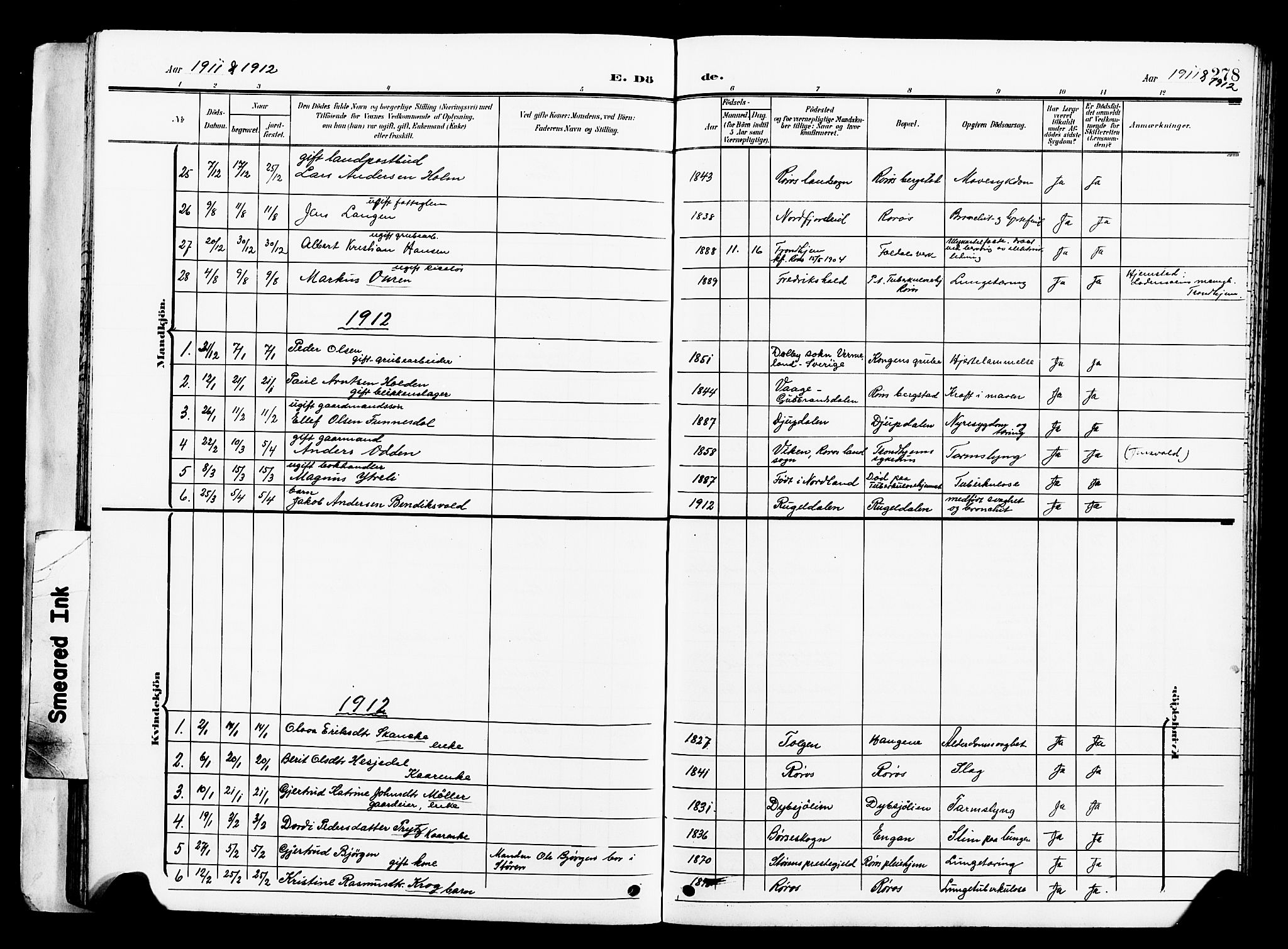 Ministerialprotokoller, klokkerbøker og fødselsregistre - Sør-Trøndelag, SAT/A-1456/681/L0942: Parish register (copy) no. 681C06, 1906-1925, p. 278