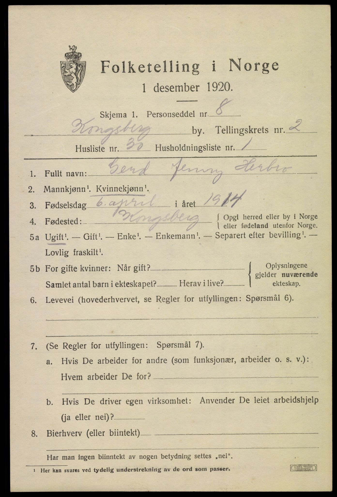 SAKO, 1920 census for Kongsberg, 1920, p. 7236