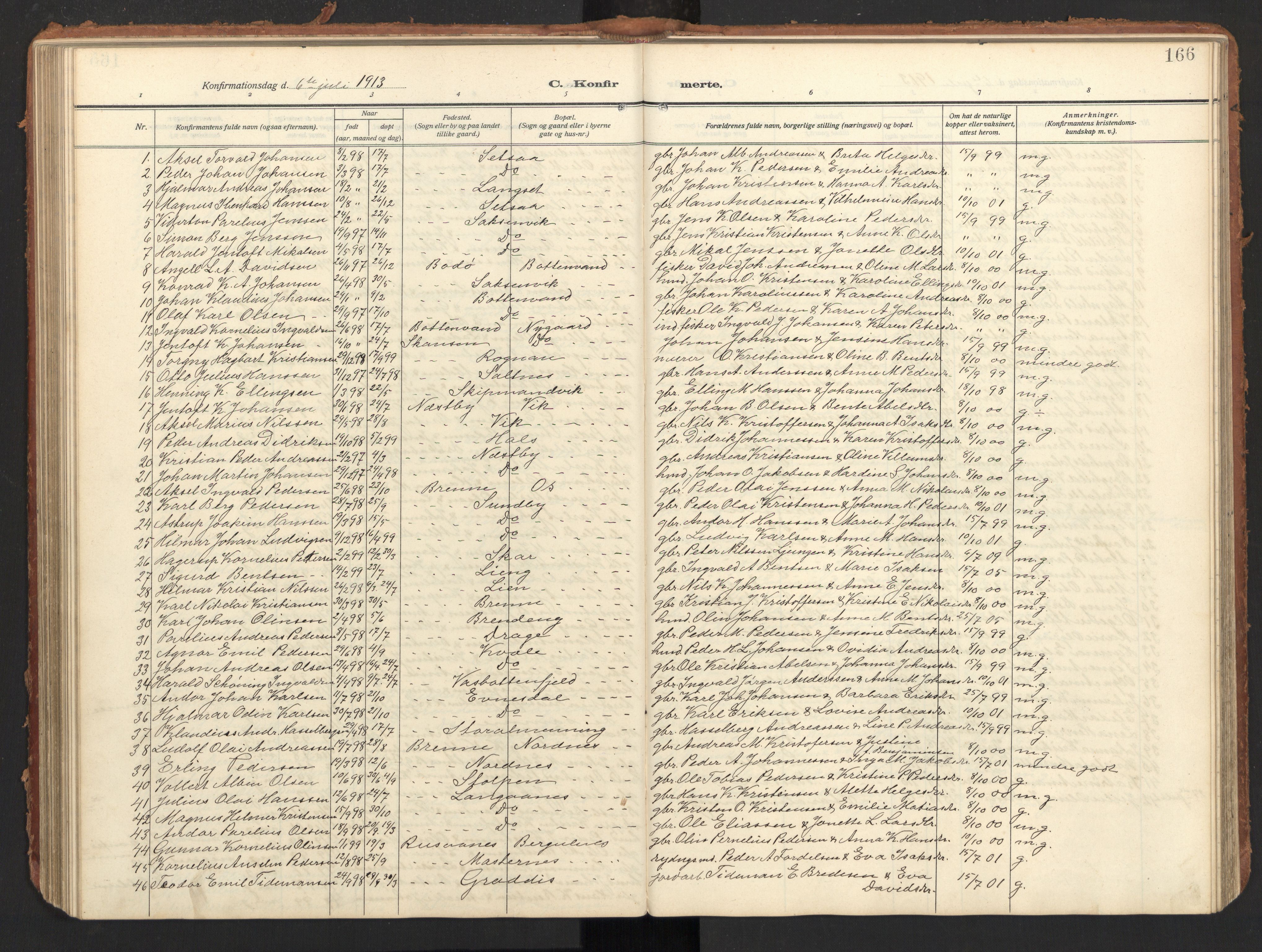 Ministerialprotokoller, klokkerbøker og fødselsregistre - Nordland, SAT/A-1459/847/L0683: Parish register (copy) no. 847C11, 1908-1929, p. 166