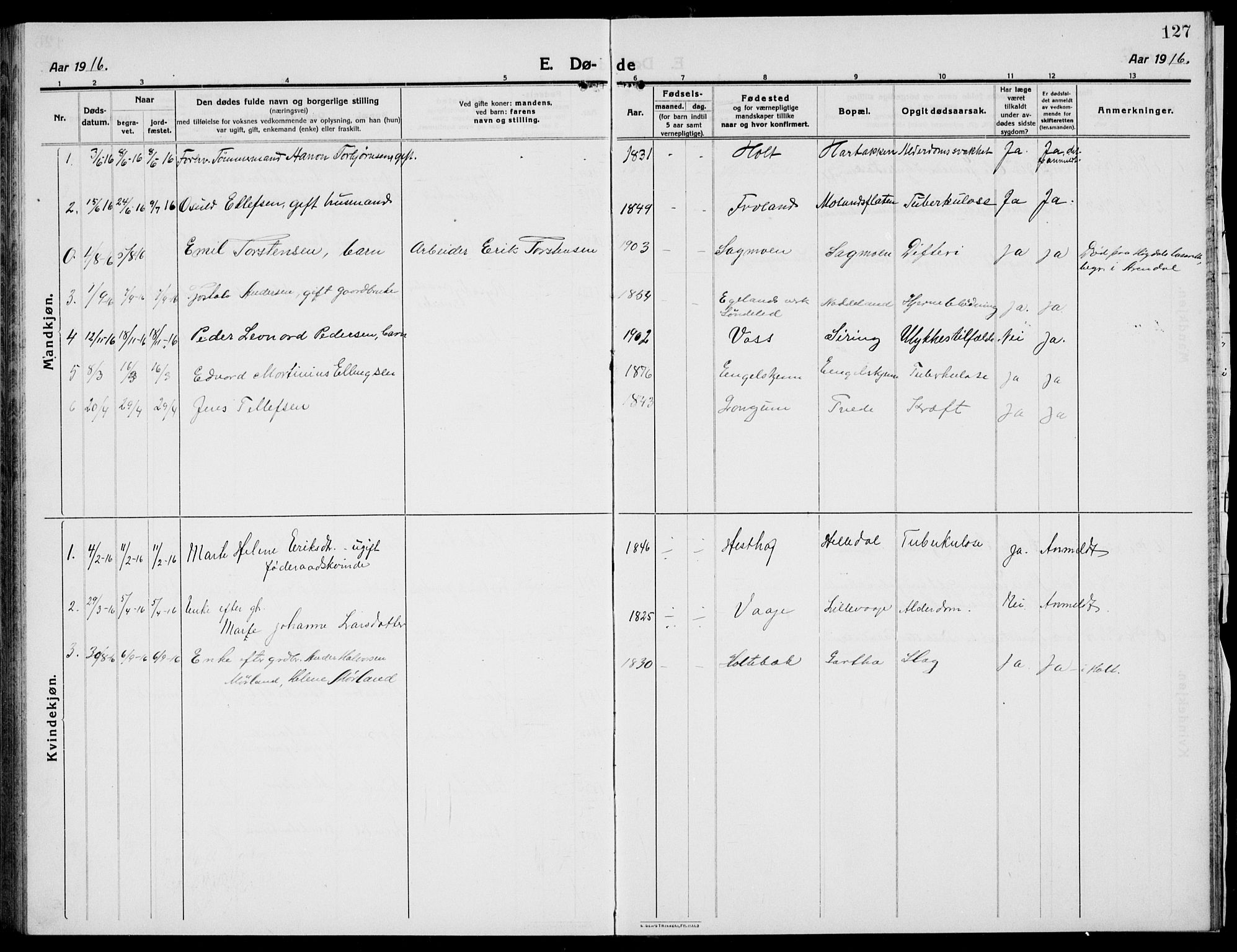Austre Moland sokneprestkontor, SAK/1111-0001/F/Fb/Fba/L0005: Parish register (copy) no. B 4b, 1914-1935, p. 127