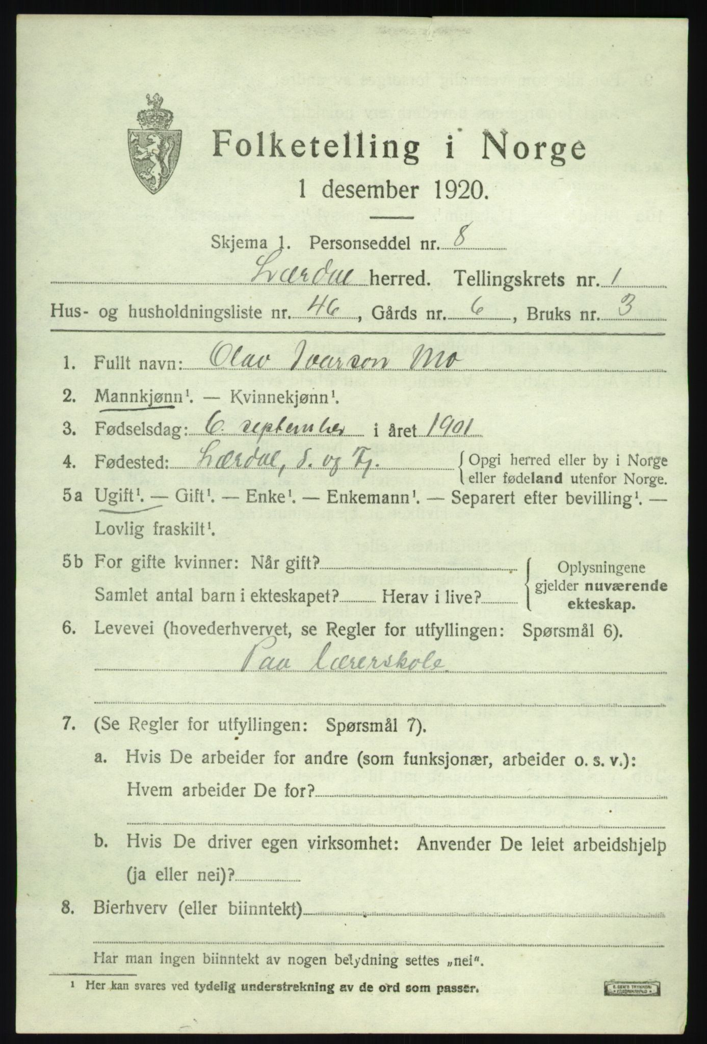 SAB, 1920 census for Lærdal, 1920, p. 1238