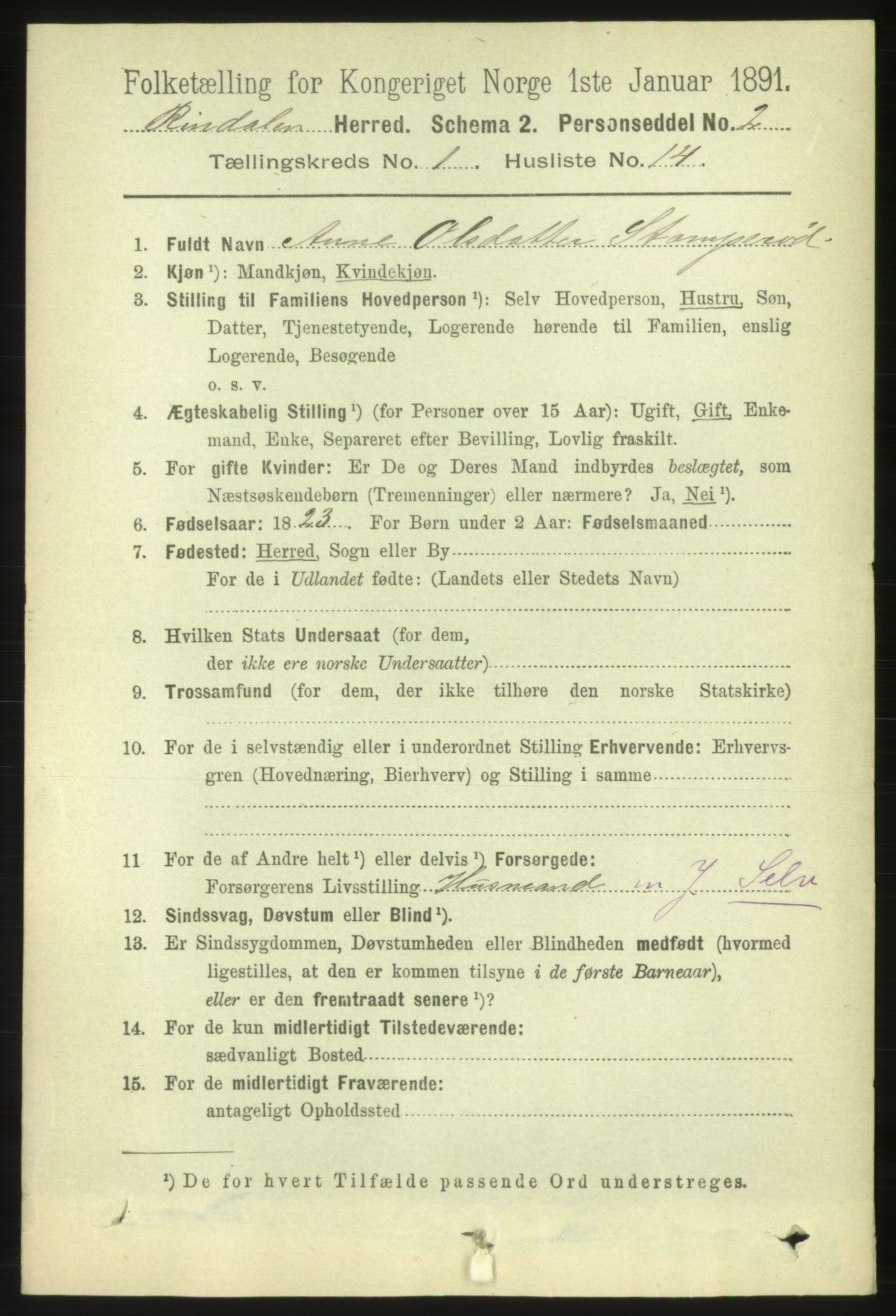 RA, 1891 census for 1567 Rindal, 1891, p. 139