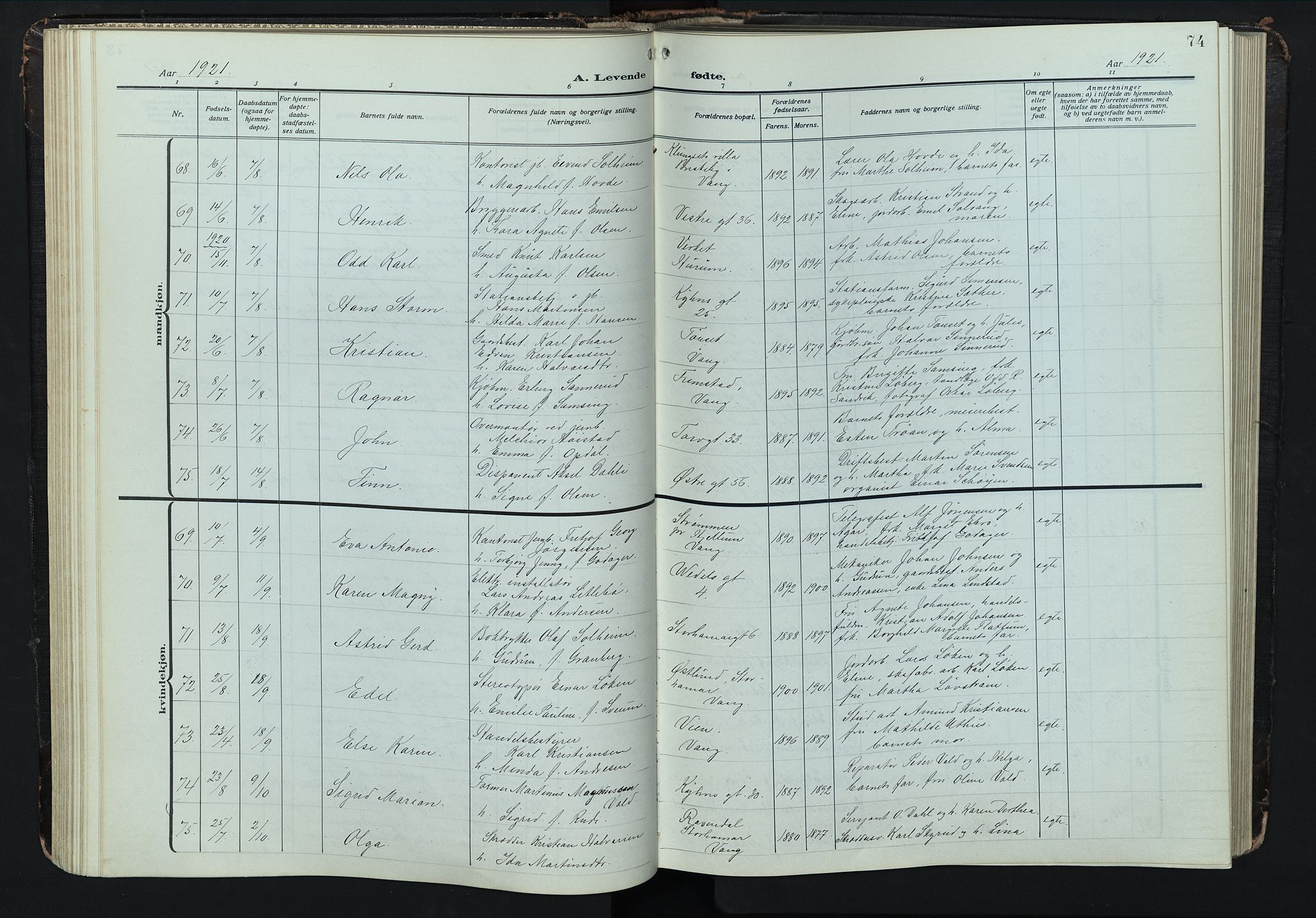 Hamar prestekontor, SAH/DOMPH-002/H/Ha/Hab/L0004: Parish register (copy) no. 4, 1915-1942, p. 74