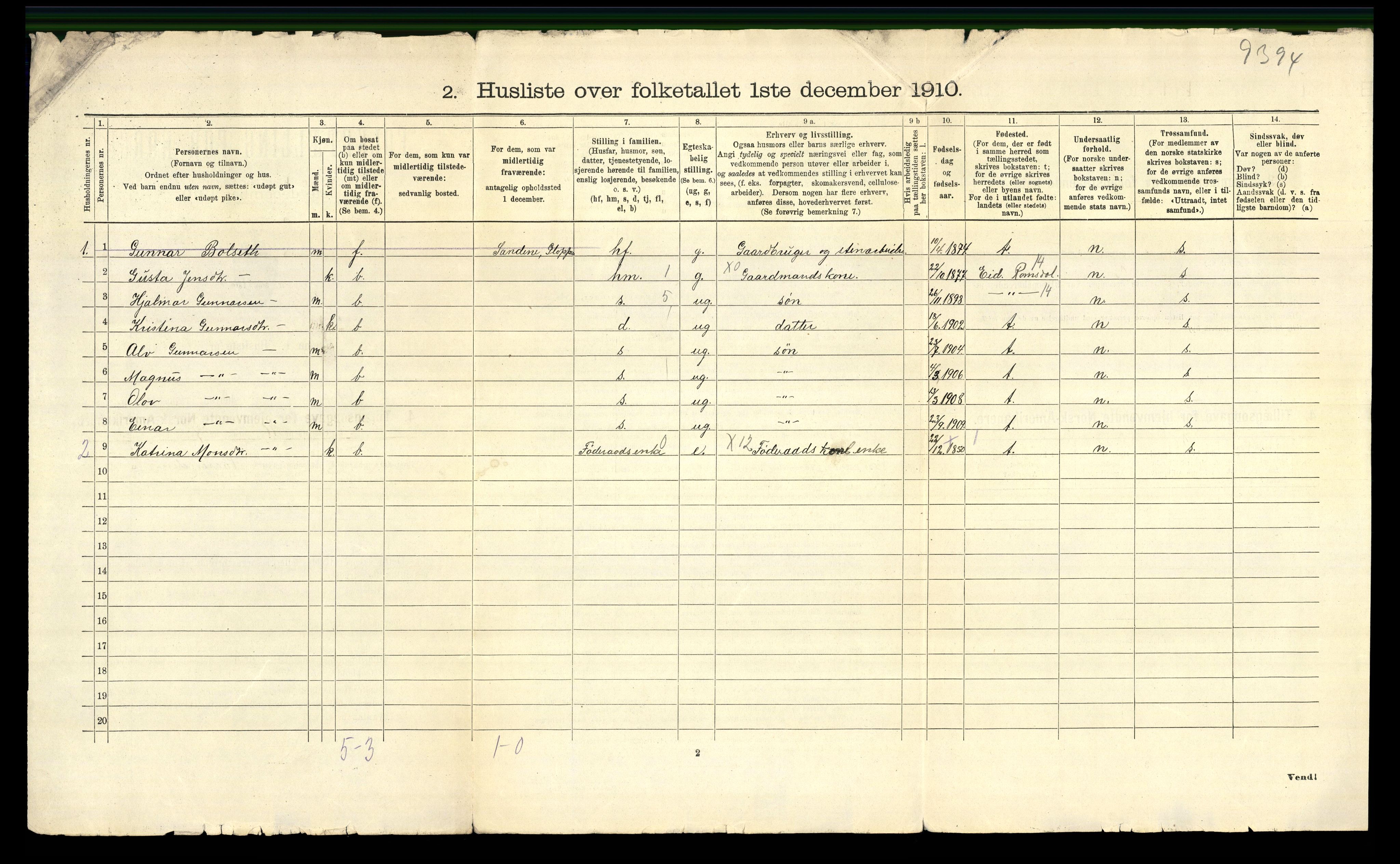 RA, 1910 census for Gloppen, 1910, p. 45