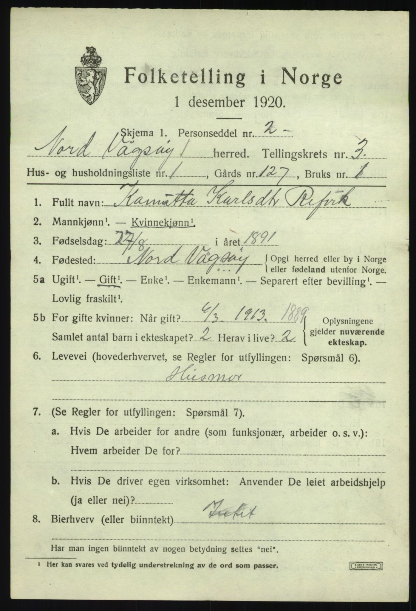 SAB, 1920 census for Nord-Vågsøy, 1920, p. 1026