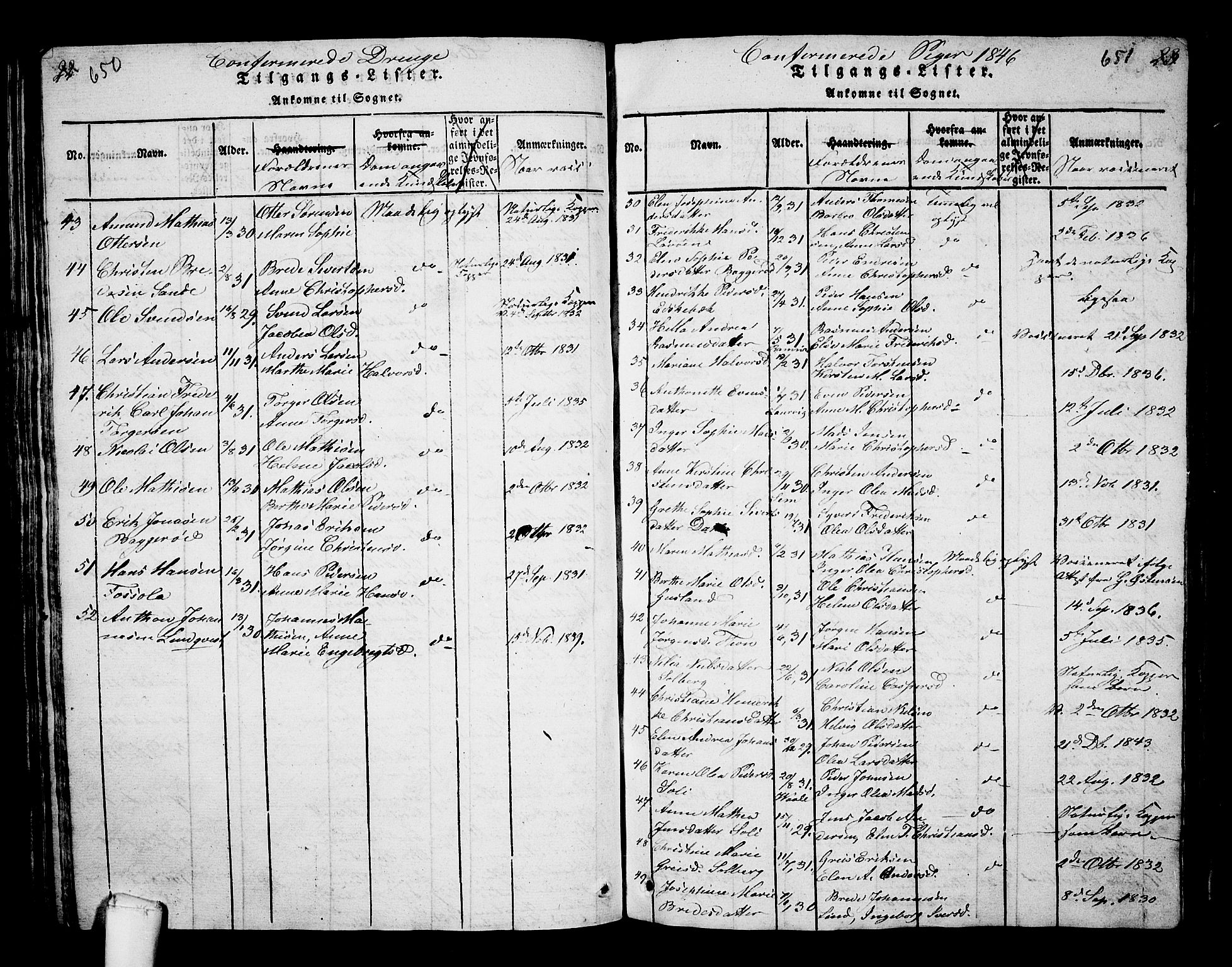 Borre kirkebøker, SAKO/A-338/G/Ga/L0001: Parish register (copy) no. I 1, 1815-1851, p. 650-651