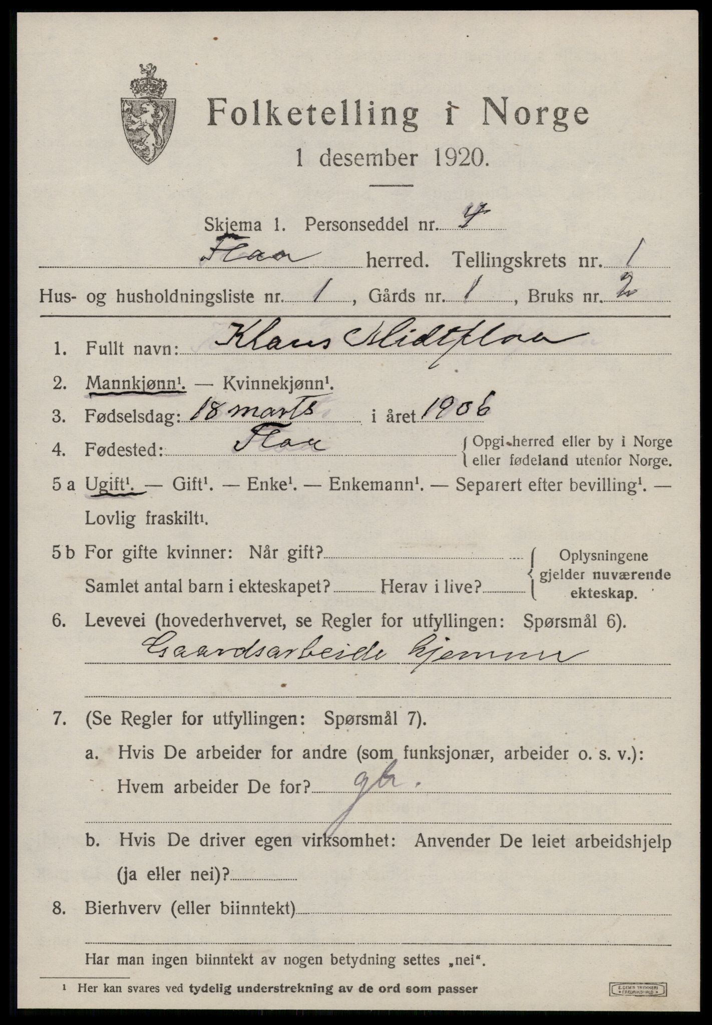 SAT, 1920 census for Flå, 1920, p. 282