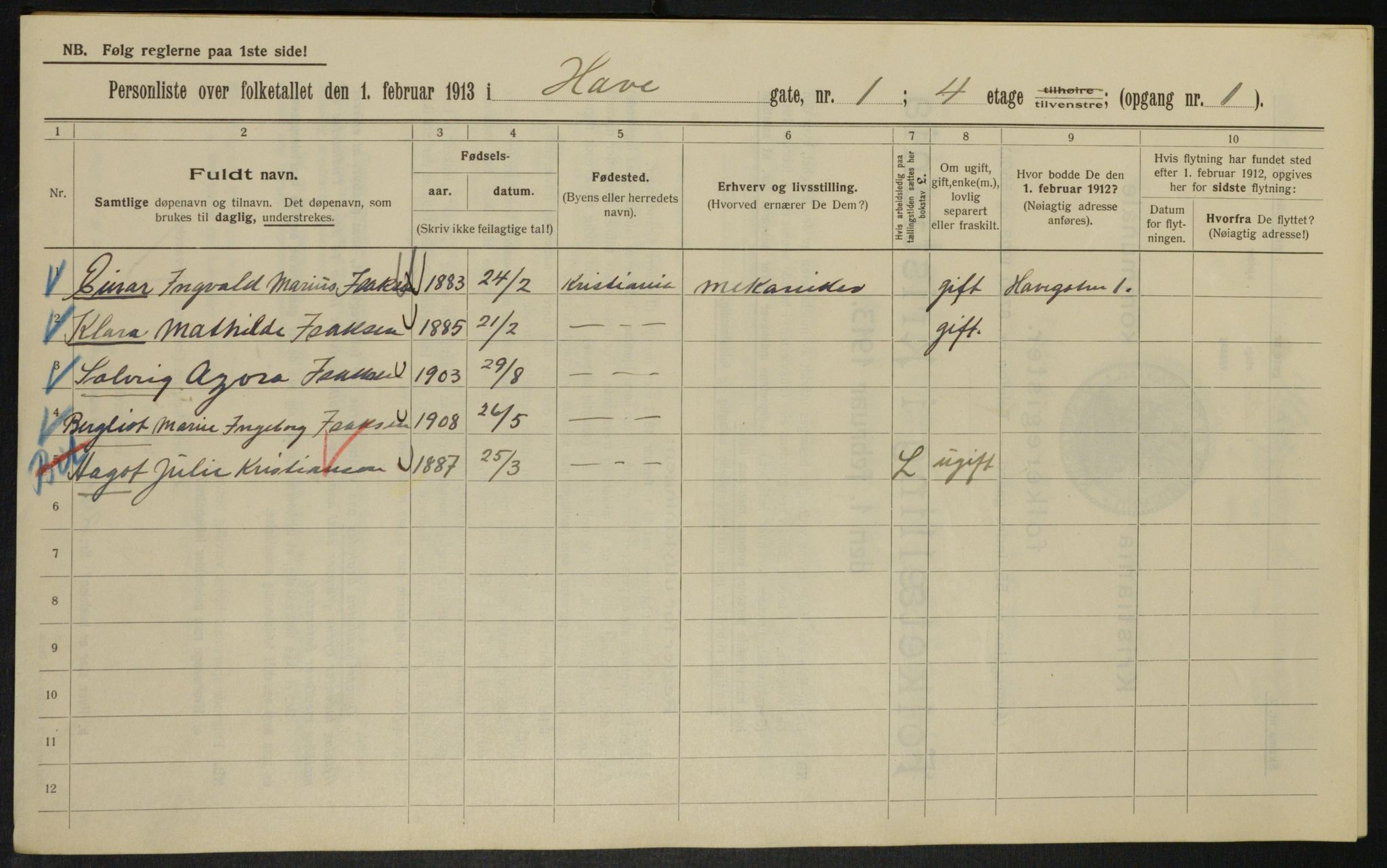 OBA, Municipal Census 1913 for Kristiania, 1913, p. 33381