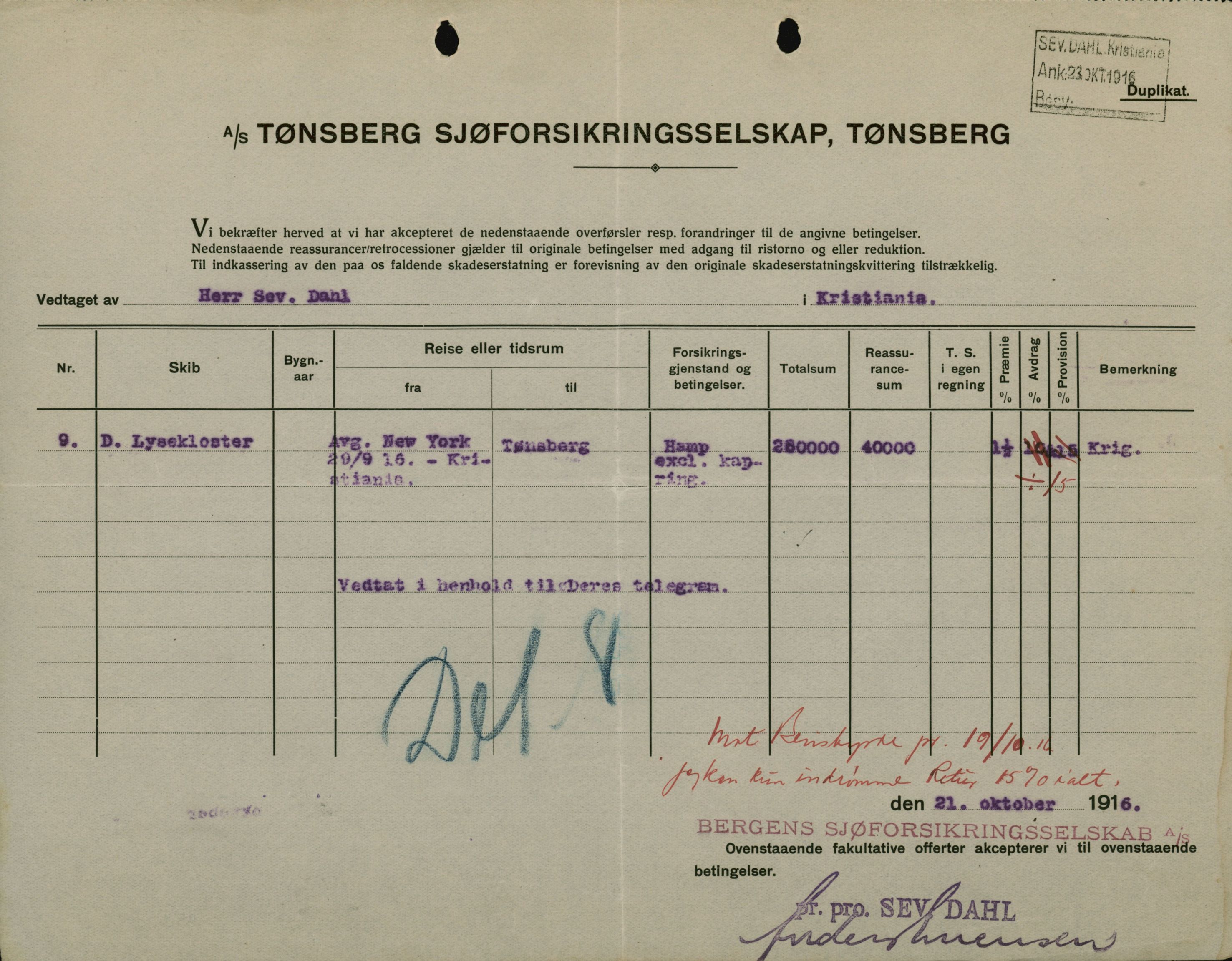 Pa 664 - Tønsberg Sjøforsikringsselskap, VEMU/A-1773/F/L0001: Forsikringspoliser, 1915-1918