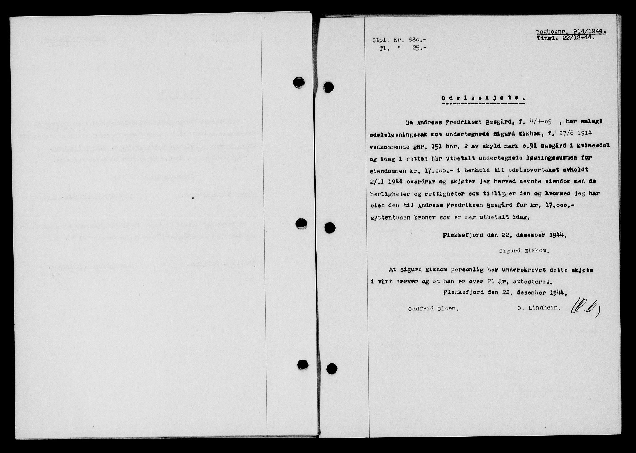 Flekkefjord sorenskriveri, SAK/1221-0001/G/Gb/Gba/L0059: Mortgage book no. A-7, 1944-1945, Diary no: : 914/1944