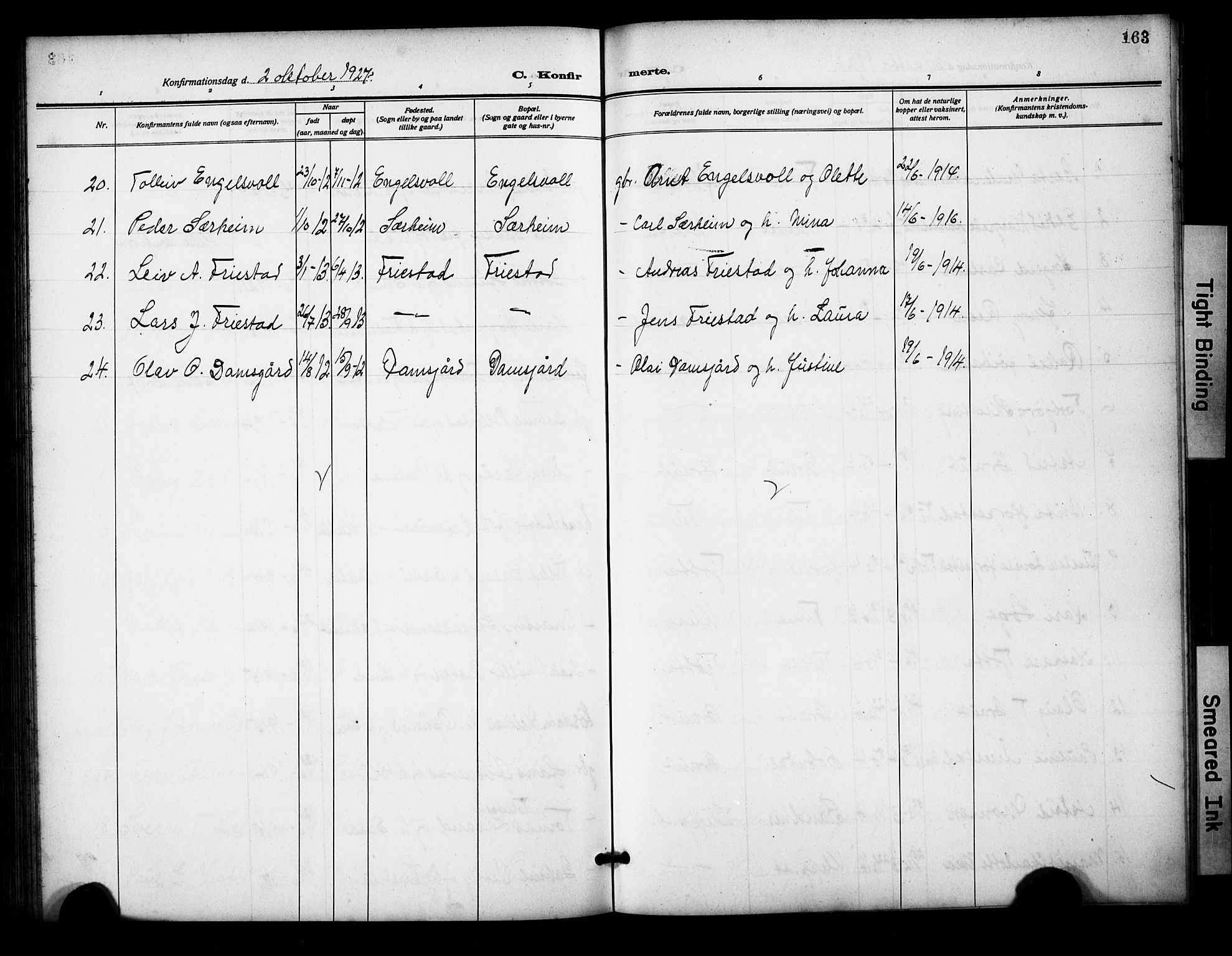 Klepp sokneprestkontor, AV/SAST-A-101803/001/3/30BB/L0007: Parish register (copy) no. B 7, 1908-1934, p. 163