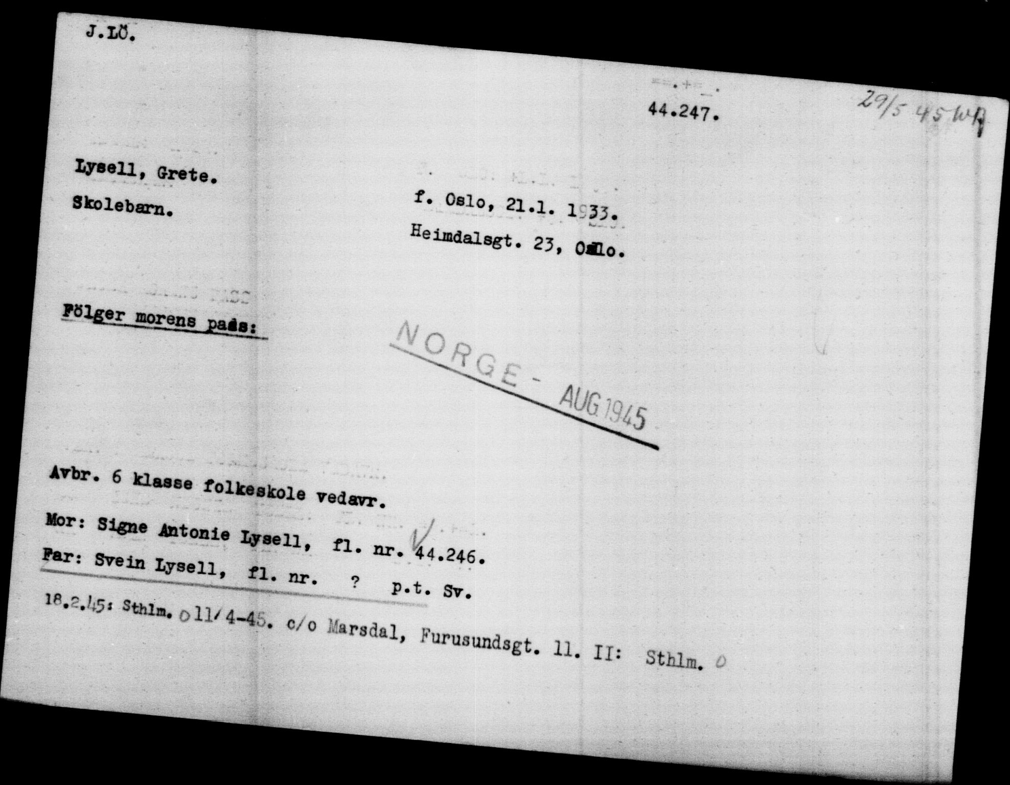 Utenriksstasjonene, Legasjonen i Stockholm, Flyktningkontoret, AV/RA-S-6753/V/Va/L0017: Kjesäterkartoteket, flyktninger med registreringsnr. 43400-46318, 1940-1945, p. 888