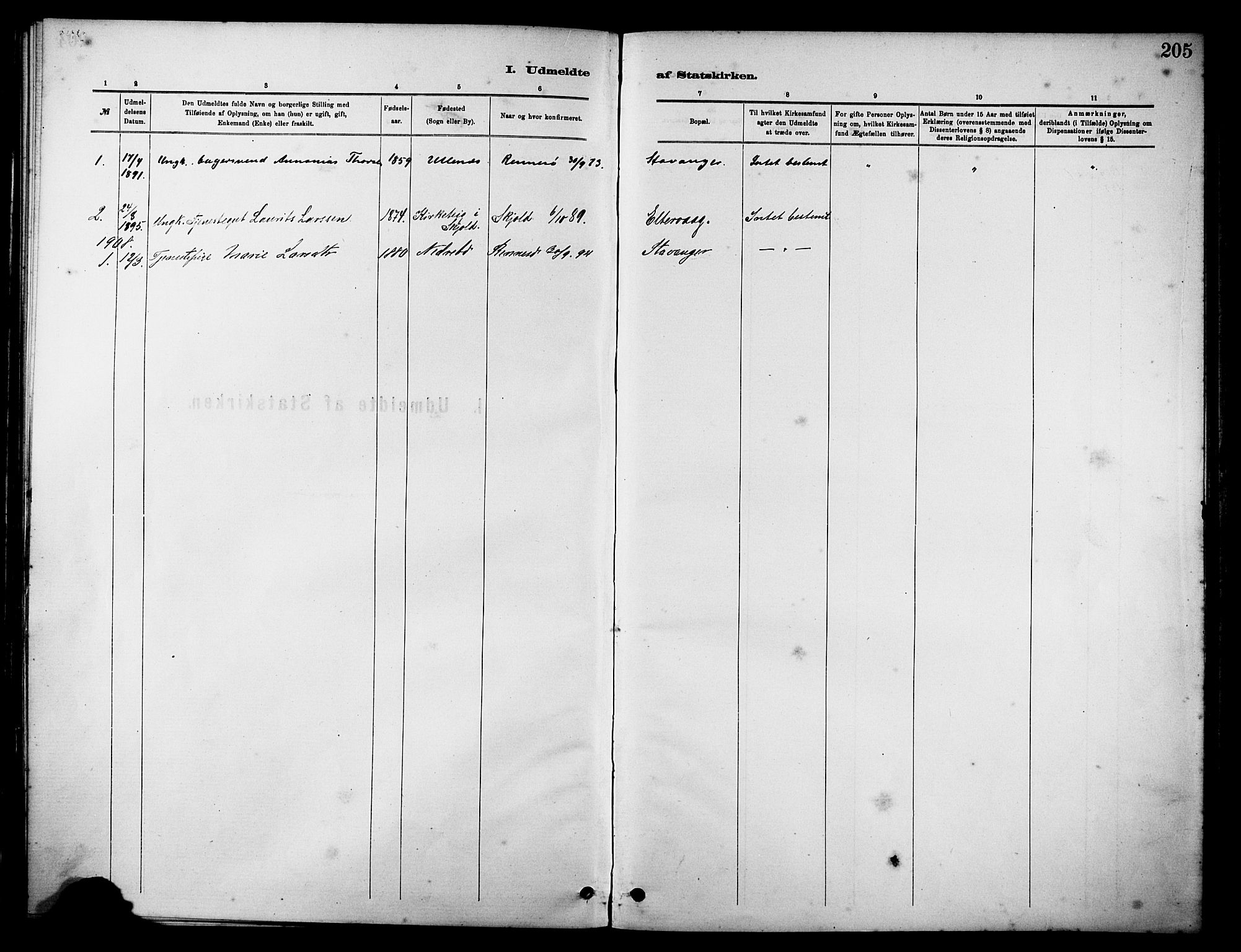 Rennesøy sokneprestkontor, SAST/A -101827/H/Ha/Haa/L0012: Parish register (official) no. A 13, 1885-1917, p. 205