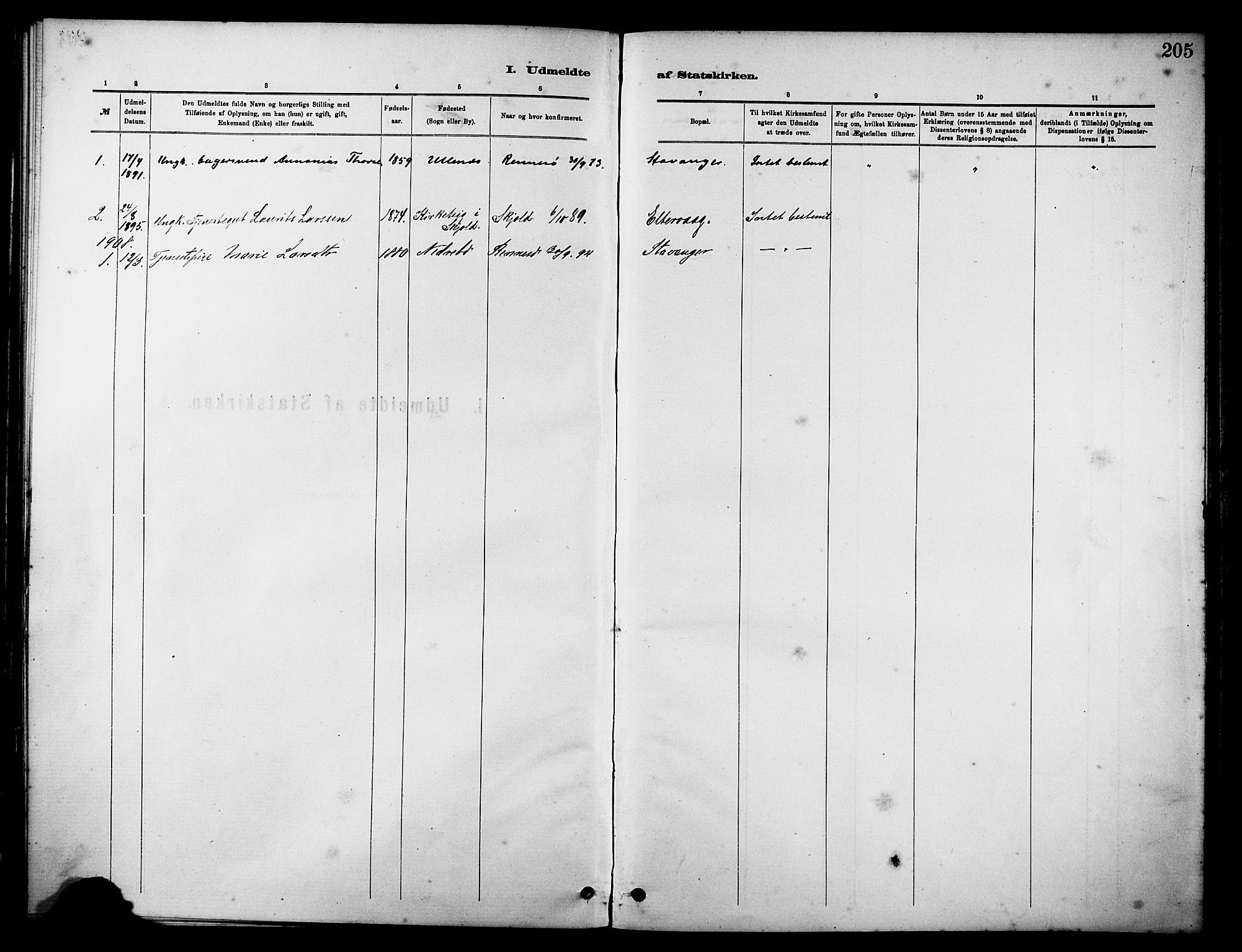 Rennesøy sokneprestkontor, AV/SAST-A -101827/H/Ha/Haa/L0012: Parish register (official) no. A 13, 1885-1917, p. 205