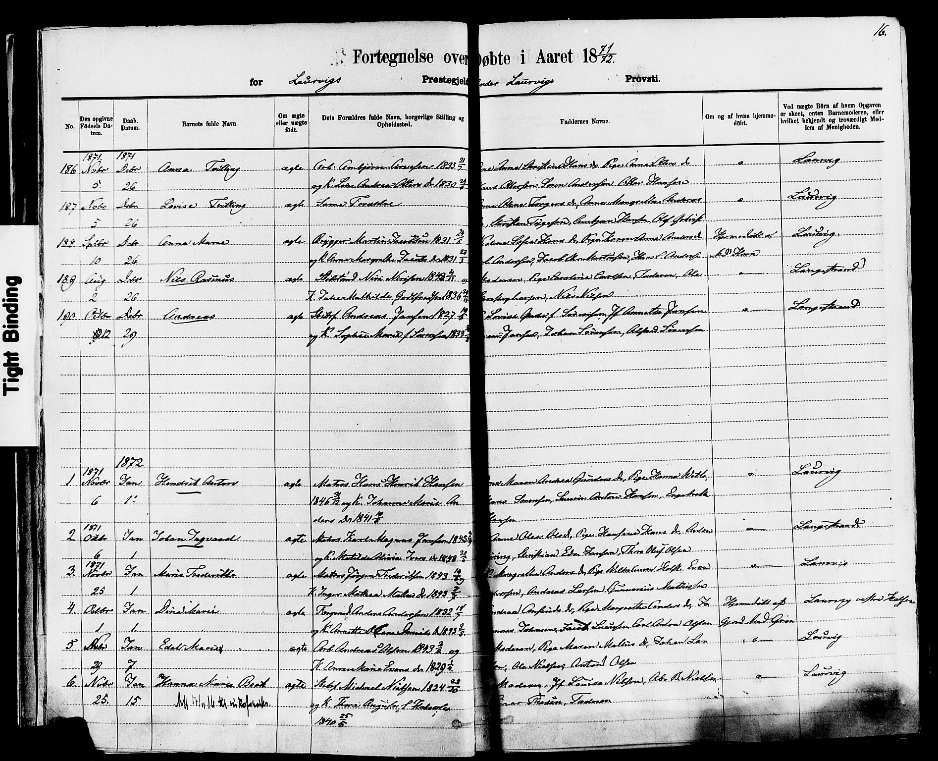 Larvik kirkebøker, AV/SAKO-A-352/F/Fa/L0006: Parish register (official) no. I 6, 1871-1883, p. 16