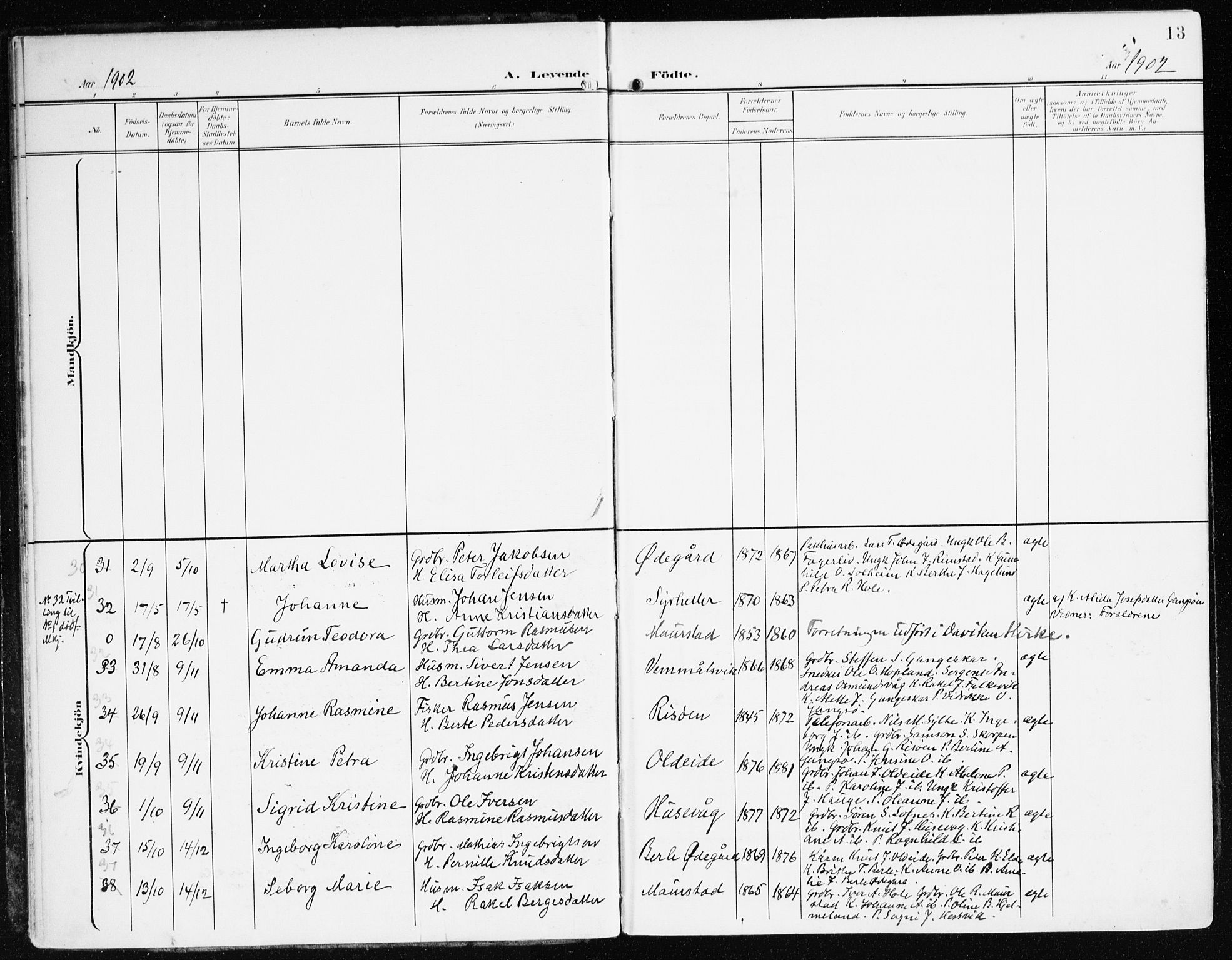 Davik sokneprestembete, AV/SAB-A-79701/H/Haa/Haad/L0002: Parish register (official) no. D 2, 1901-1930, p. 13