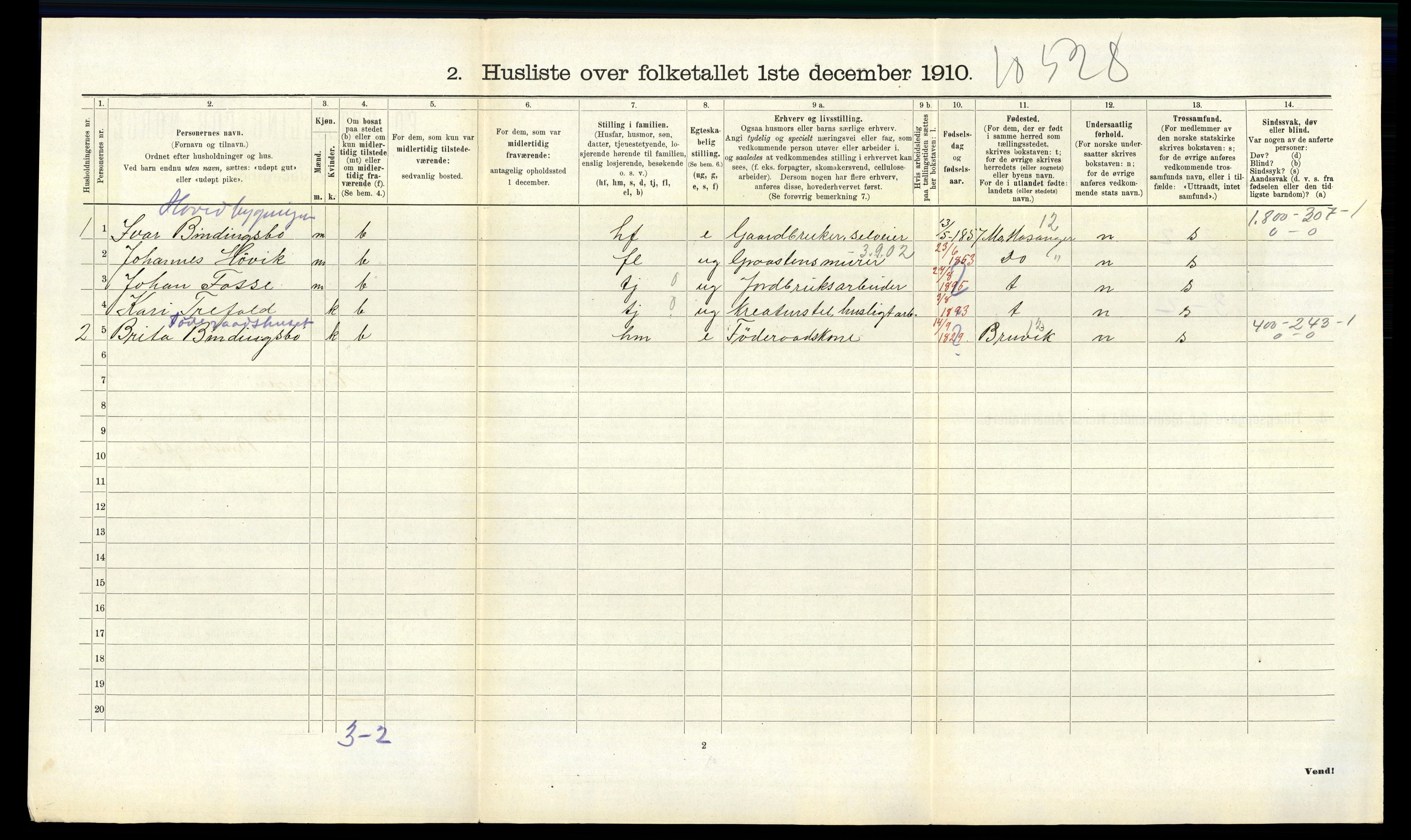 RA, 1910 census for Evanger, 1910, p. 336