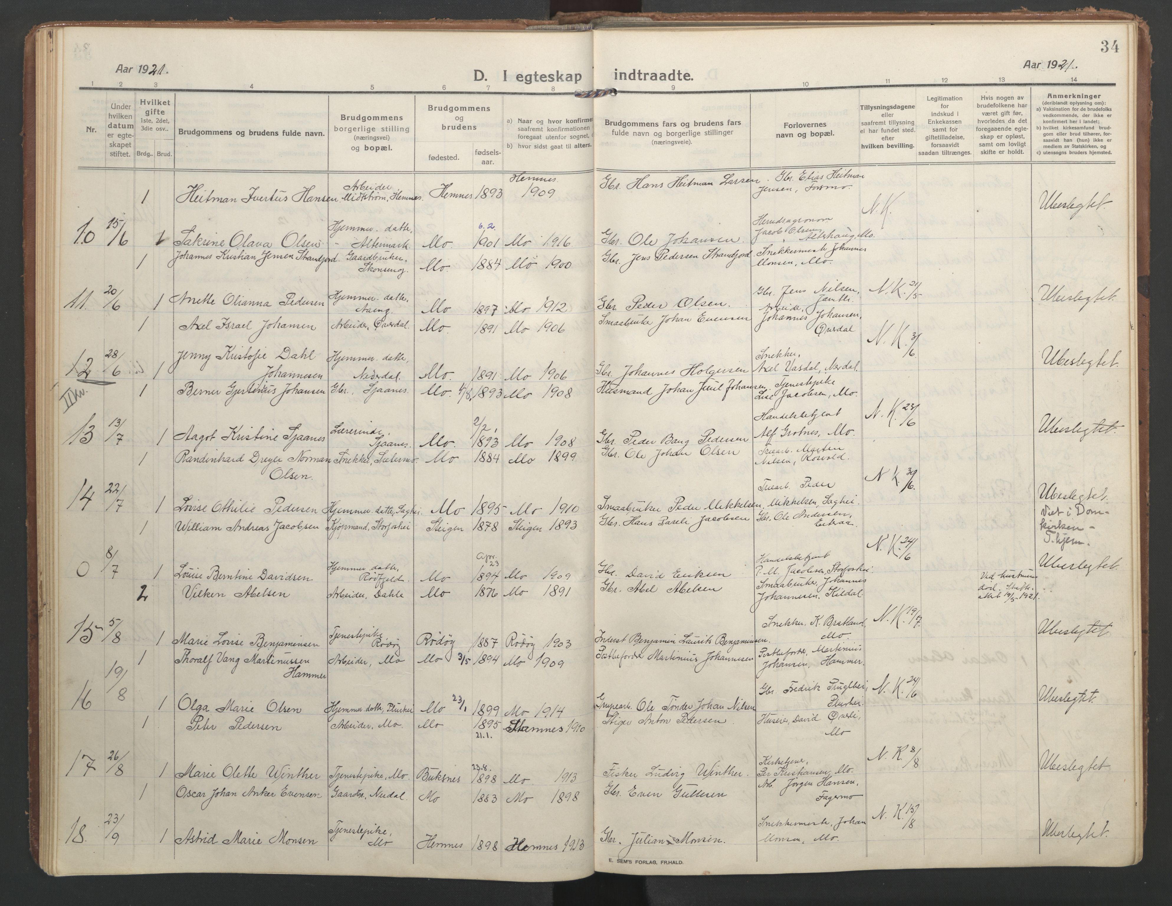 Ministerialprotokoller, klokkerbøker og fødselsregistre - Nordland, AV/SAT-A-1459/827/L0405: Parish register (official) no. 827A17, 1912-1925, p. 34