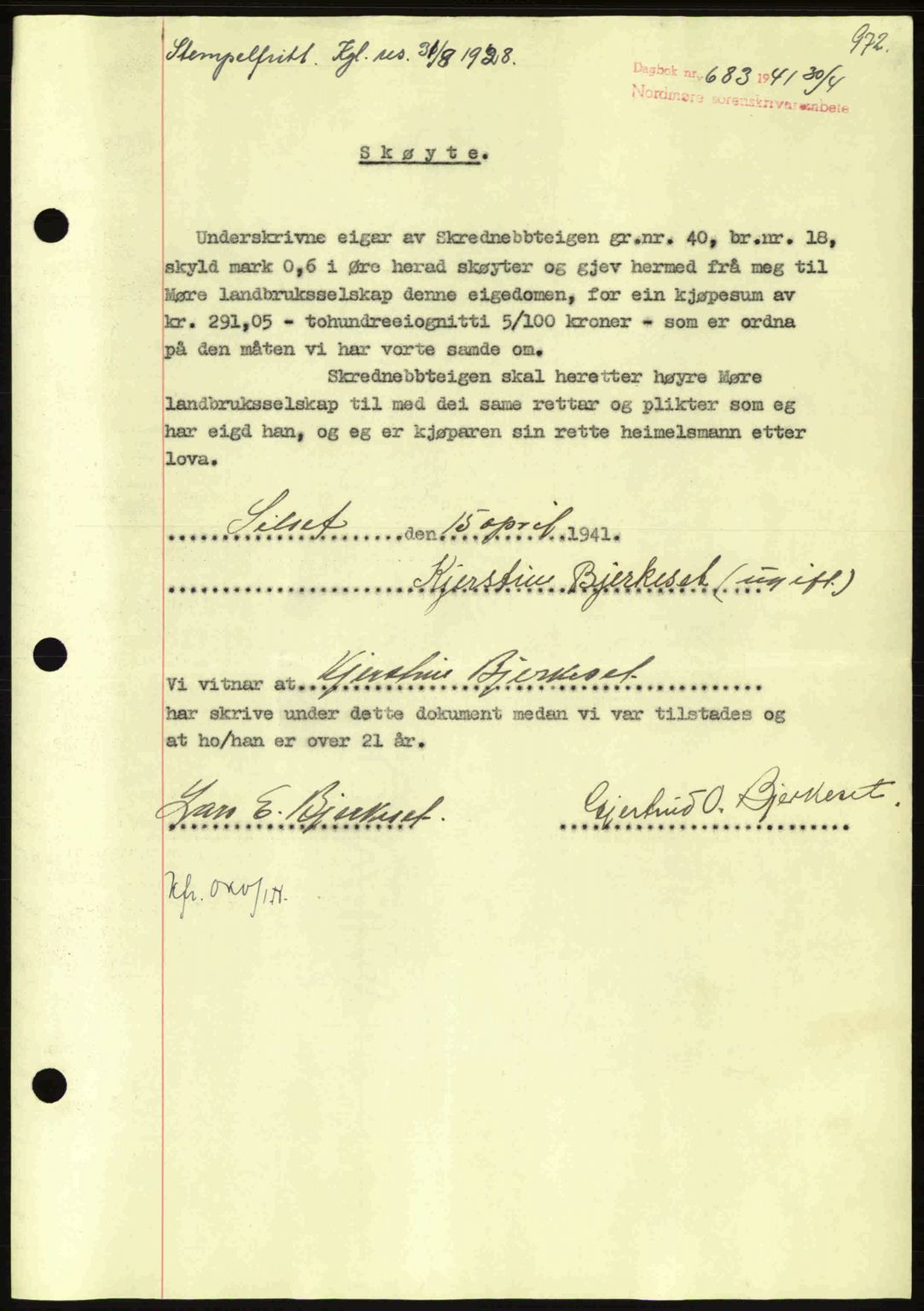 Nordmøre sorenskriveri, SAT/A-4132/1/2/2Ca: Mortgage book no. A89, 1940-1941, Diary no: : 683/1941