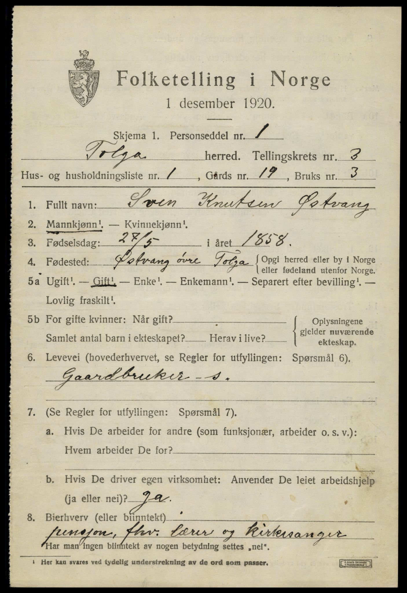 SAH, 1920 census for Tolga, 1920, p. 2223