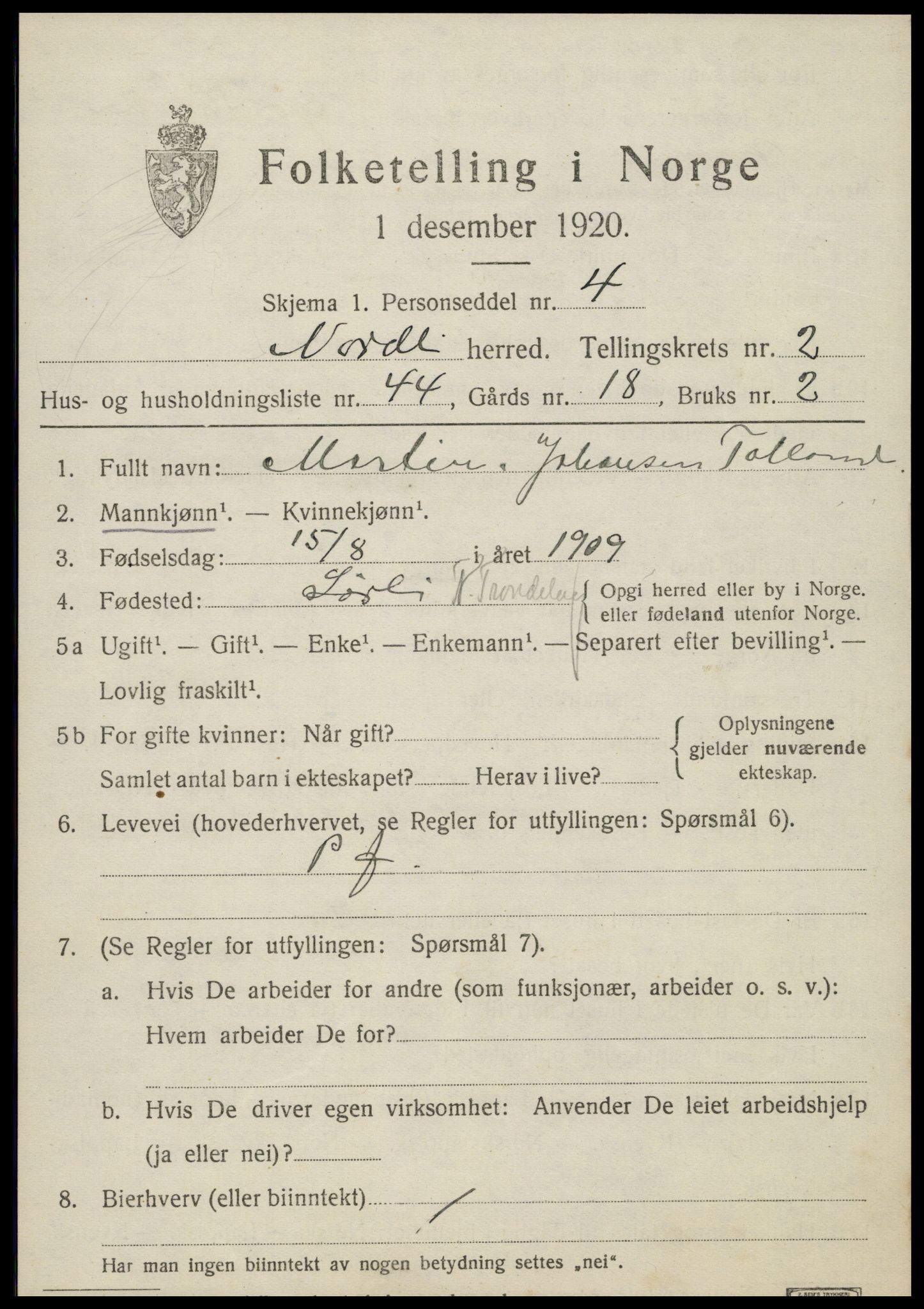 SAT, 1920 census for Nordli, 1920, p. 1393