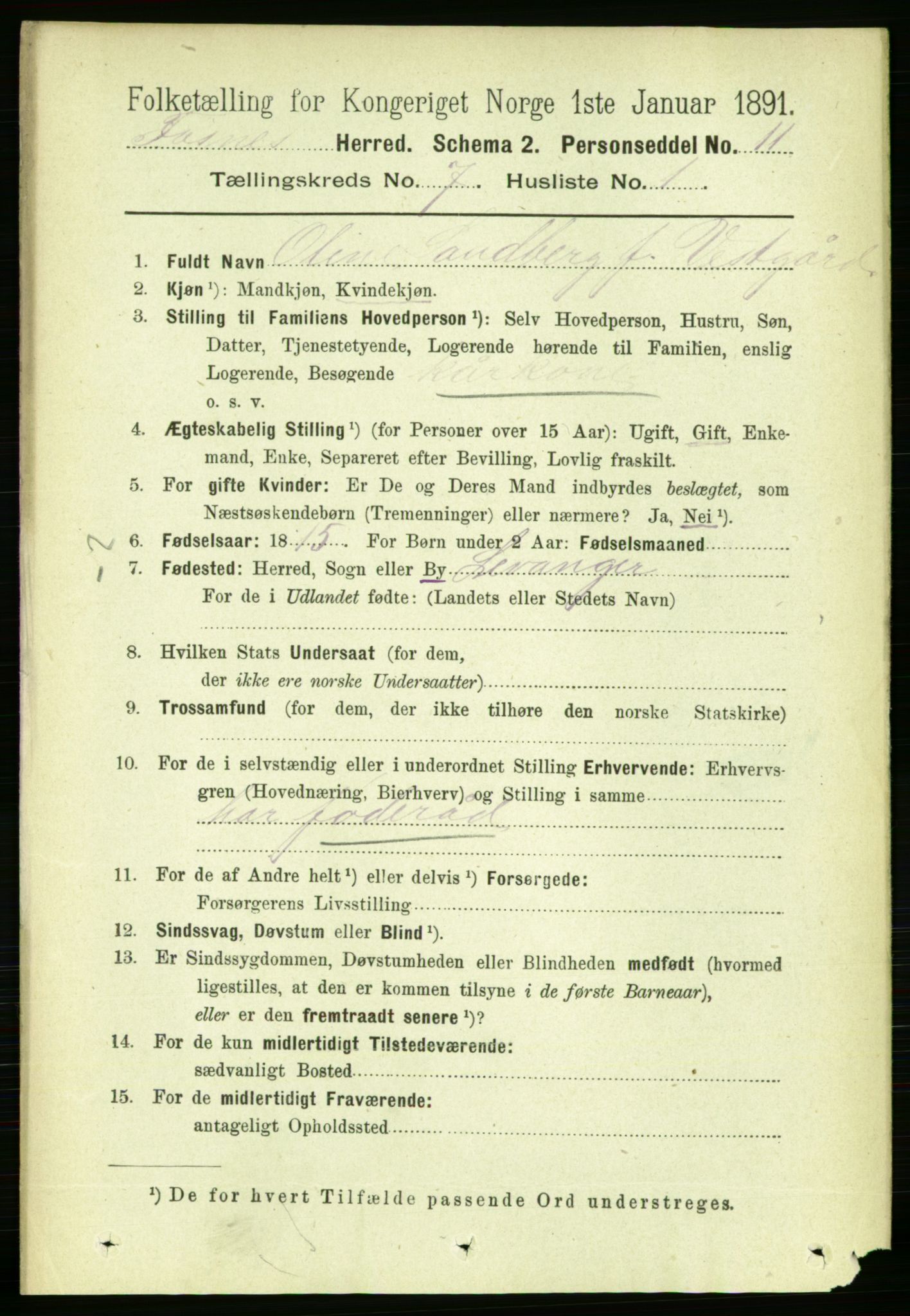 RA, 1891 census for 1748 Fosnes, 1891, p. 3115