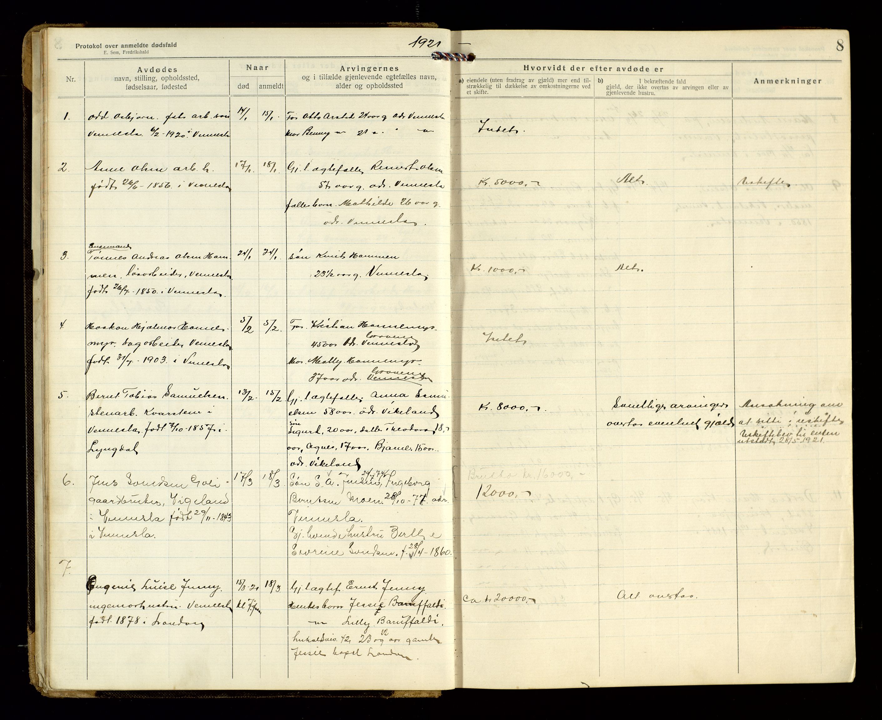 Vennesla og Iveland lensmannskontor, AV/SAK-1241-0050/F/Fe/L0001: Dødsfallsprotokoll nr 7, 1920-1940, p. 8