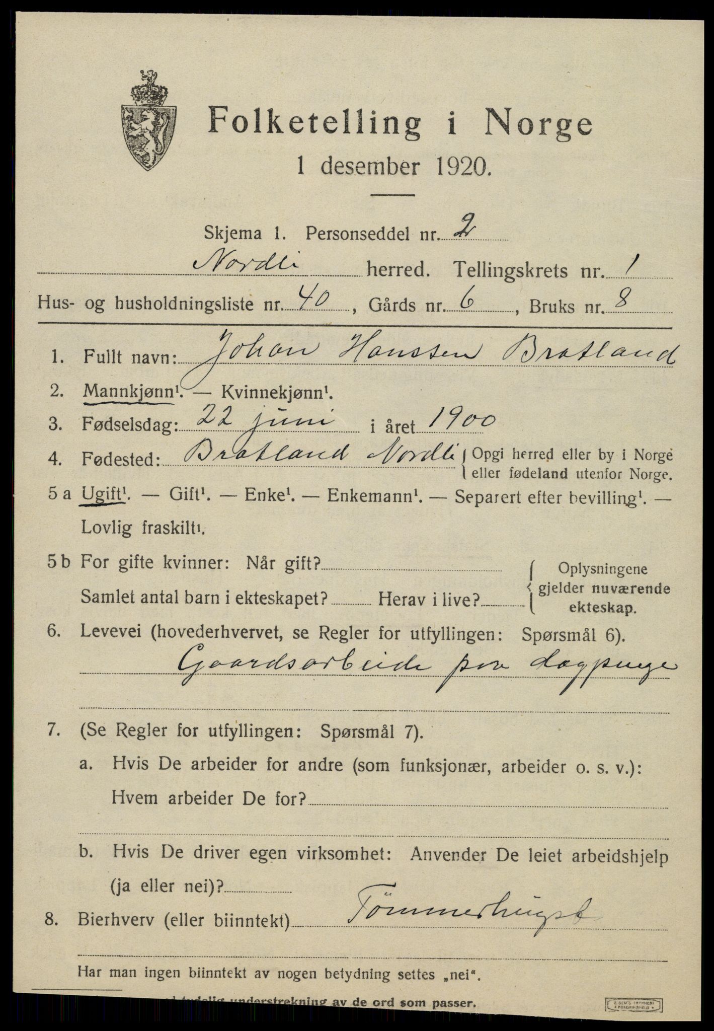 SAT, 1920 census for Nordli, 1920, p. 849