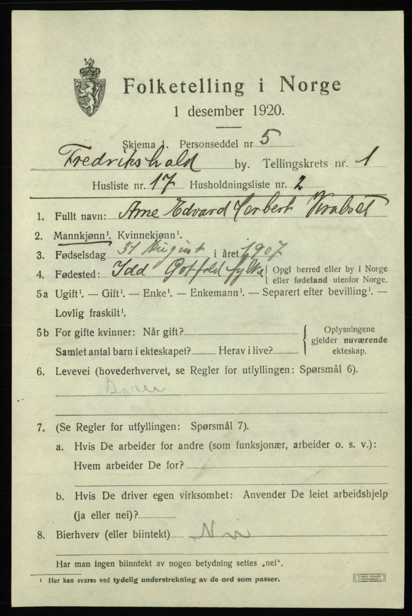 SAO, 1920 census for Fredrikshald, 1920, p. 8338