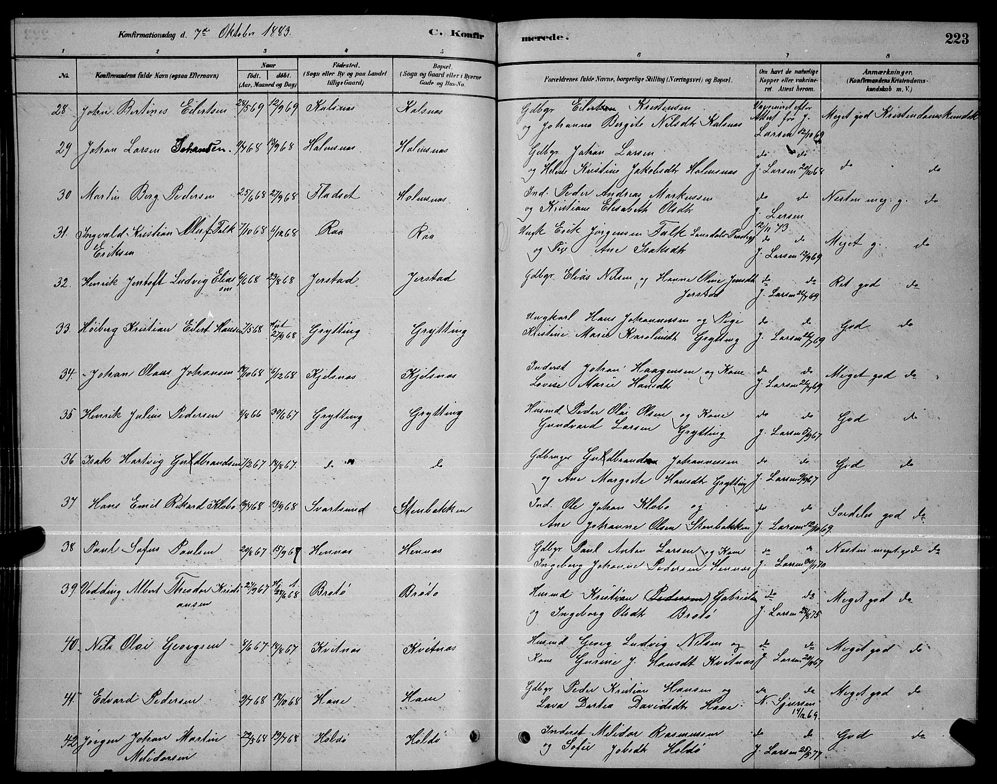 Ministerialprotokoller, klokkerbøker og fødselsregistre - Nordland, AV/SAT-A-1459/888/L1267: Parish register (copy) no. 888C05, 1878-1890, p. 223