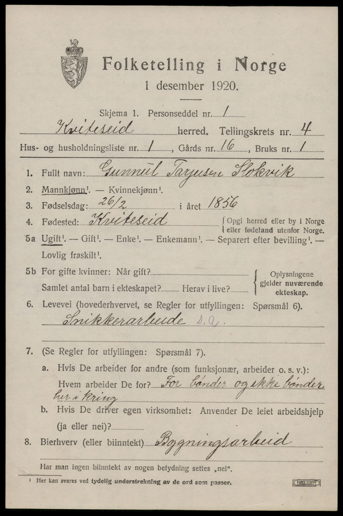 SAKO, 1920 census for Kviteseid, 1920, p. 2633