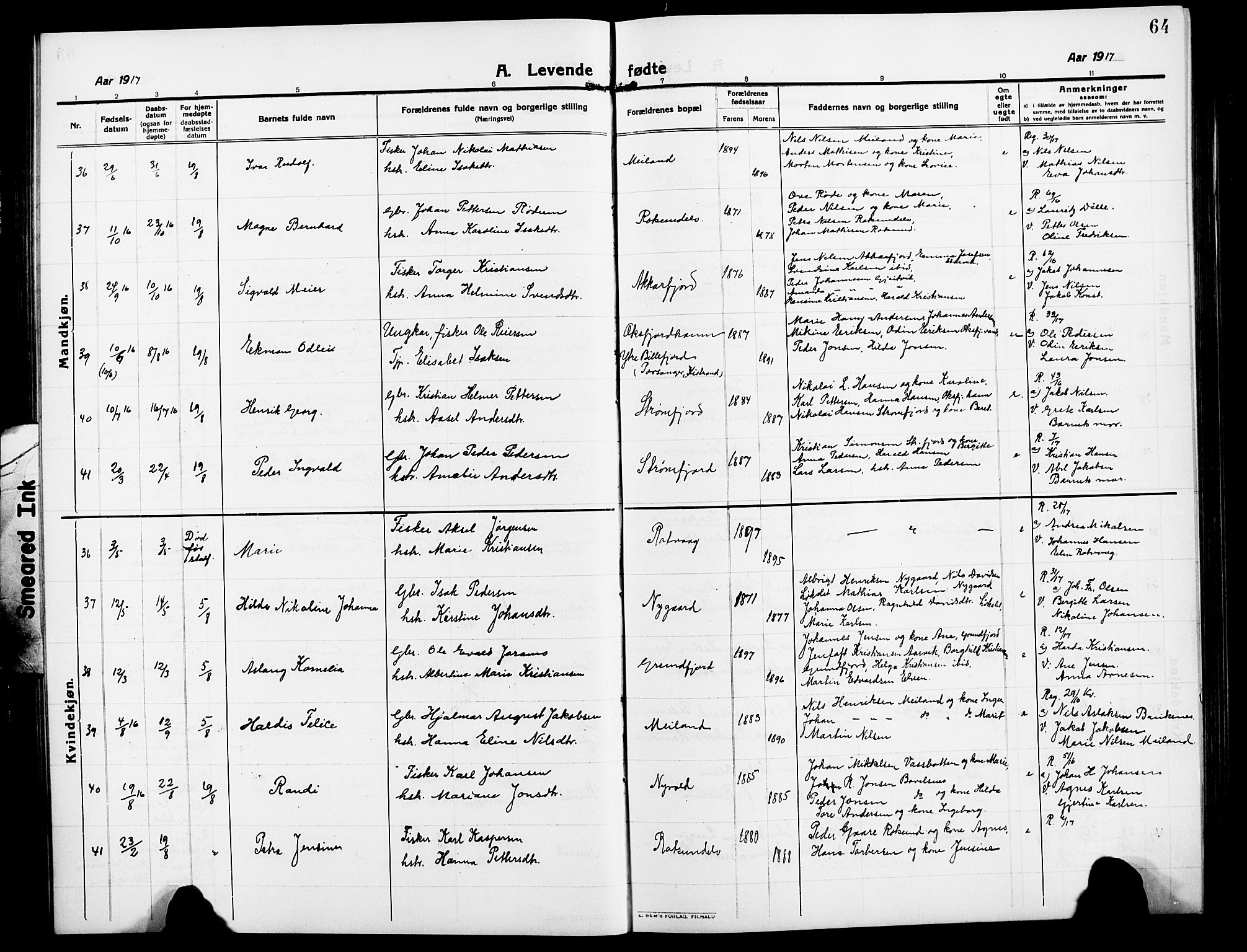 Skjervøy sokneprestkontor, AV/SATØ-S-1300/H/Ha/Hab/L0009klokker: Parish register (copy) no. 9, 1911-1926, p. 64