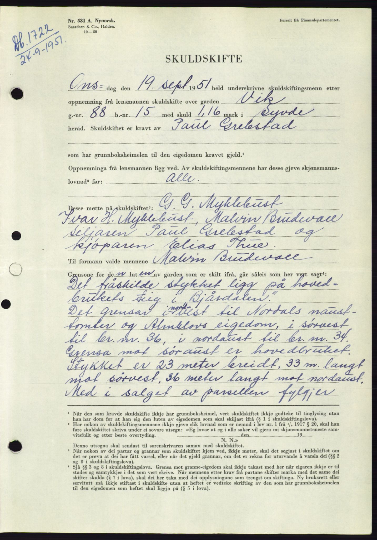 Søre Sunnmøre sorenskriveri, AV/SAT-A-4122/1/2/2C/L0090: Mortgage book no. 16A, 1951-1951, Diary no: : 1722/1951