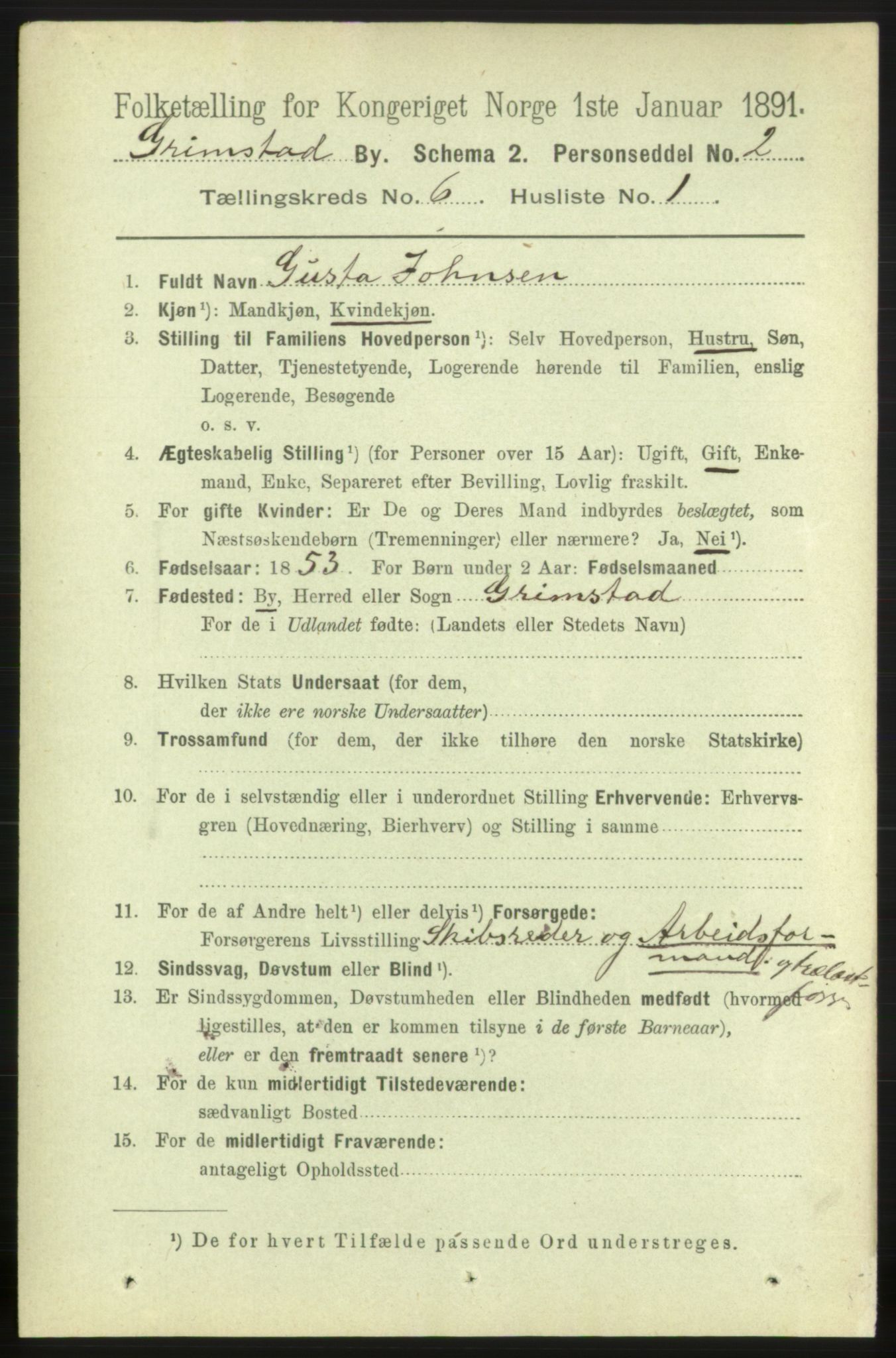 RA, 1891 census for 0904 Grimstad, 1891, p. 3607