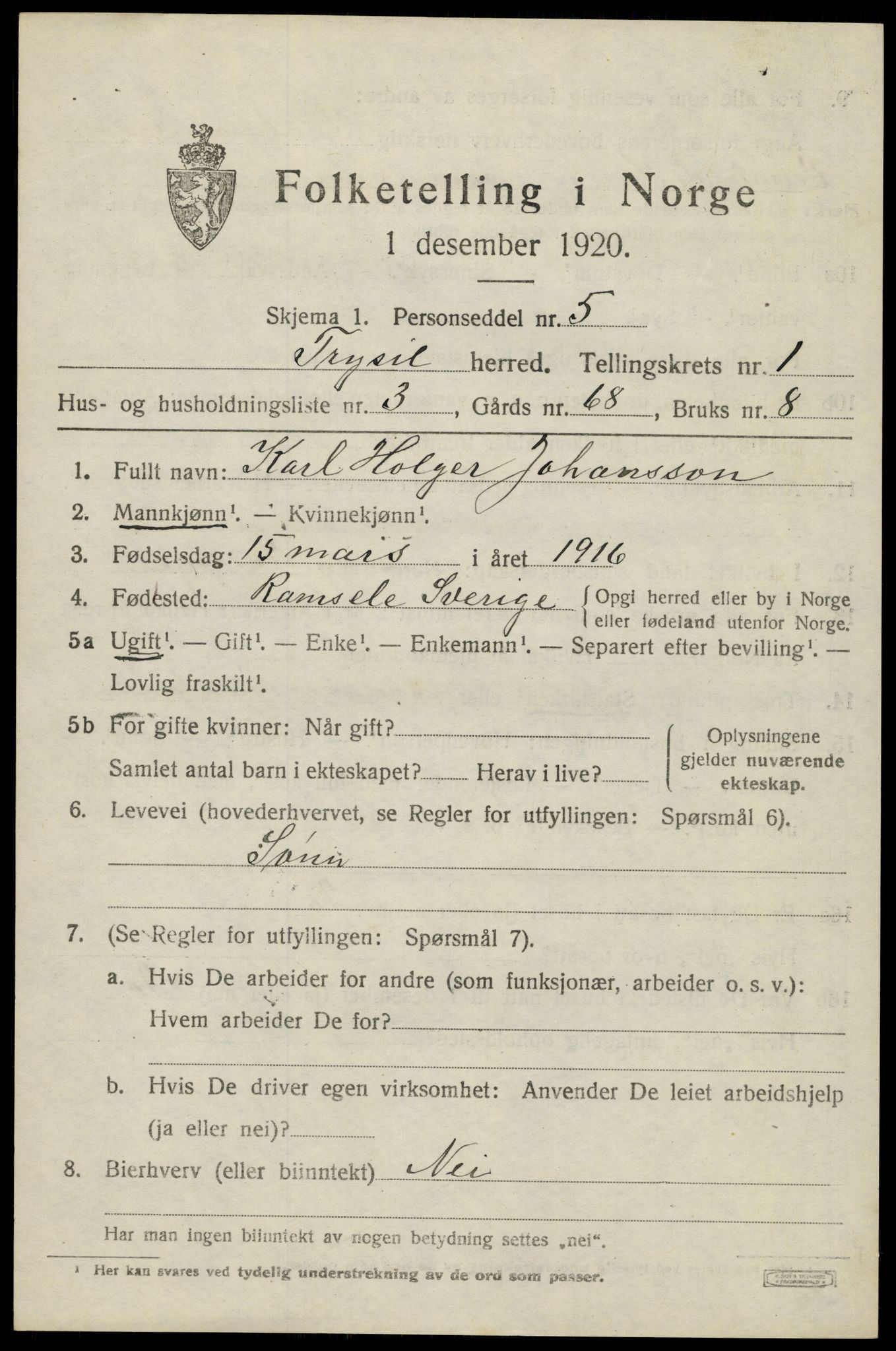 SAH, 1920 census for Trysil, 1920, p. 2565