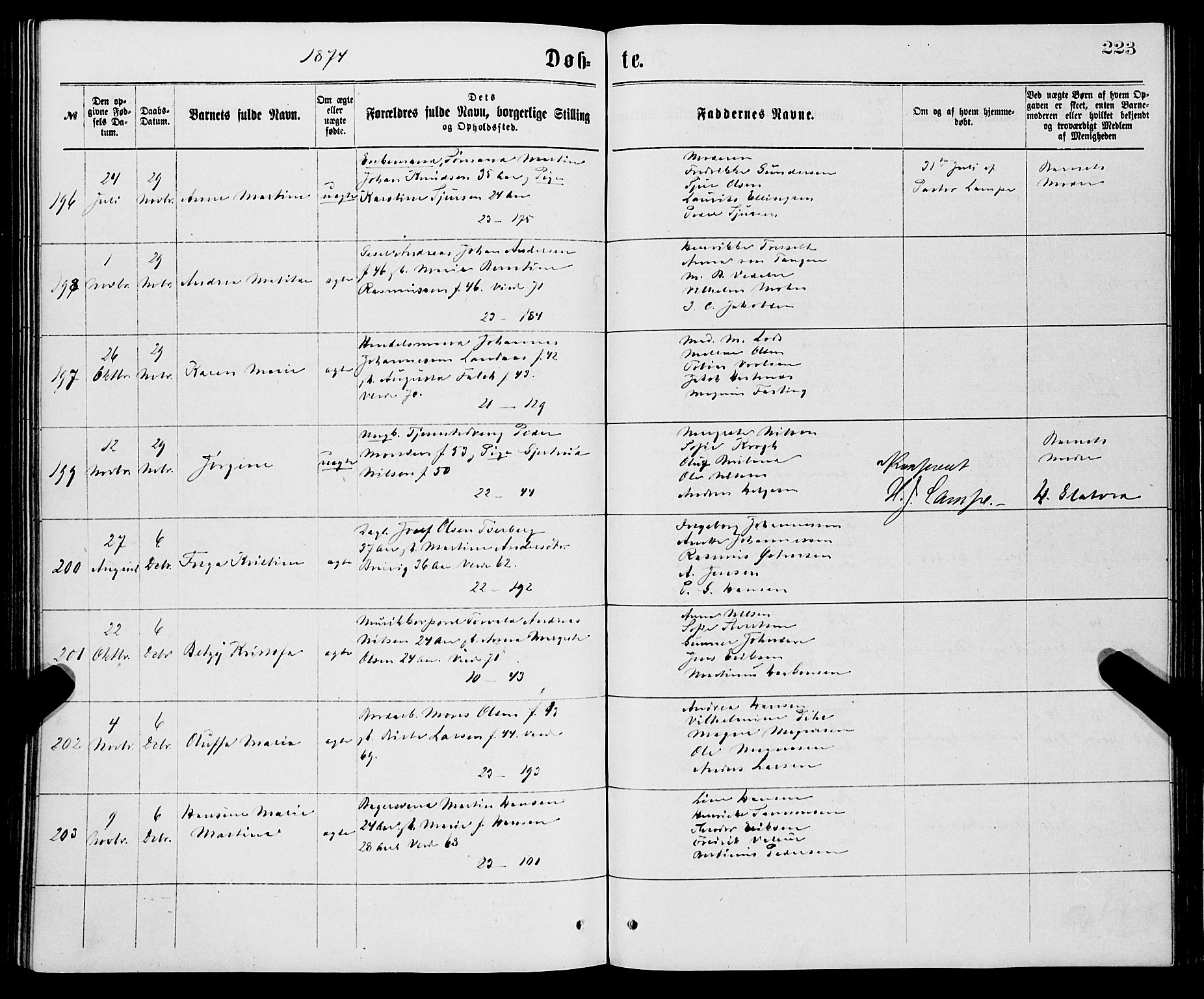 Korskirken sokneprestembete, AV/SAB-A-76101/H/Haa/L0020: Parish register (official) no. B 6, 1871-1878, p. 223