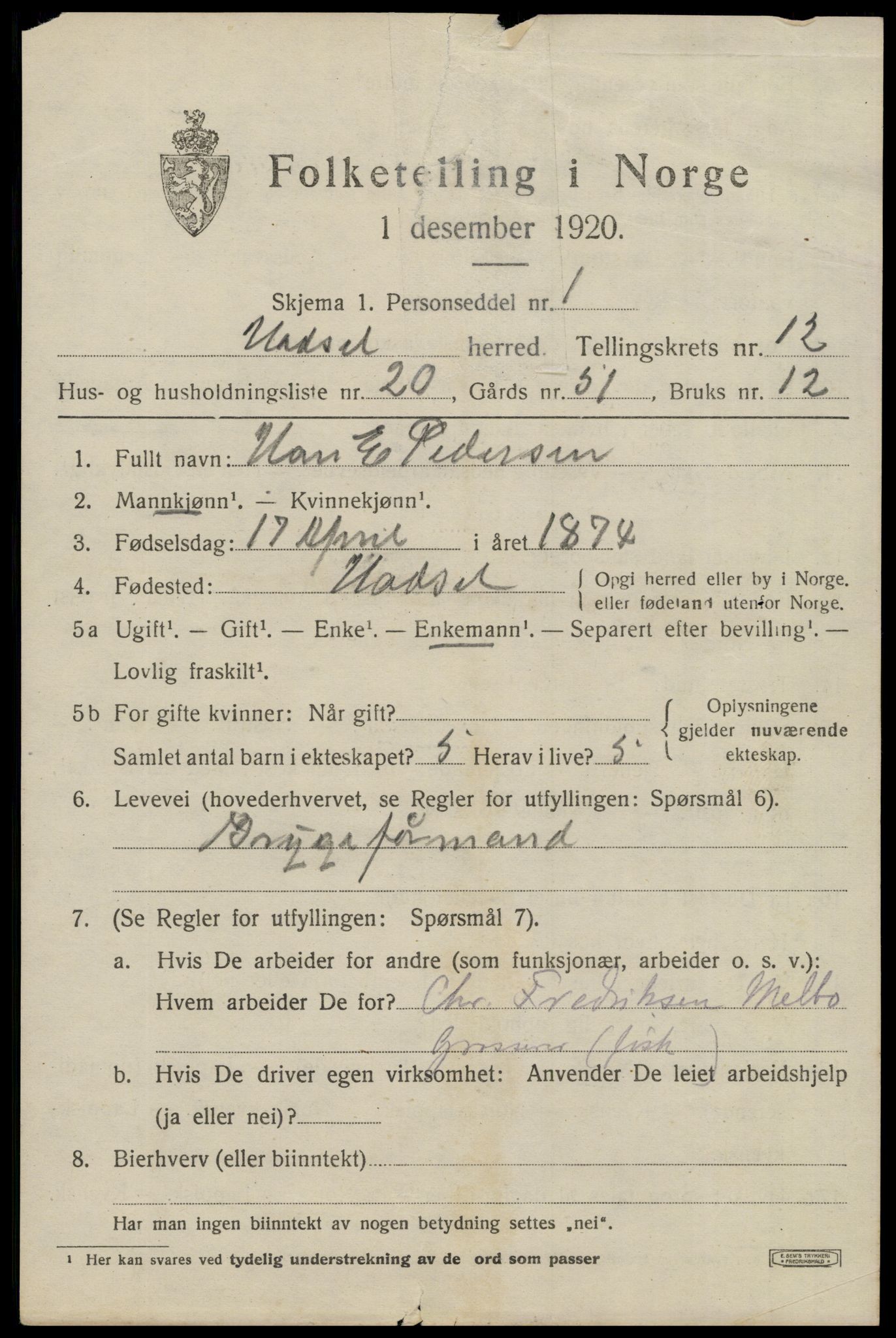 SAT, 1920 census for Hadsel, 1920, p. 9322