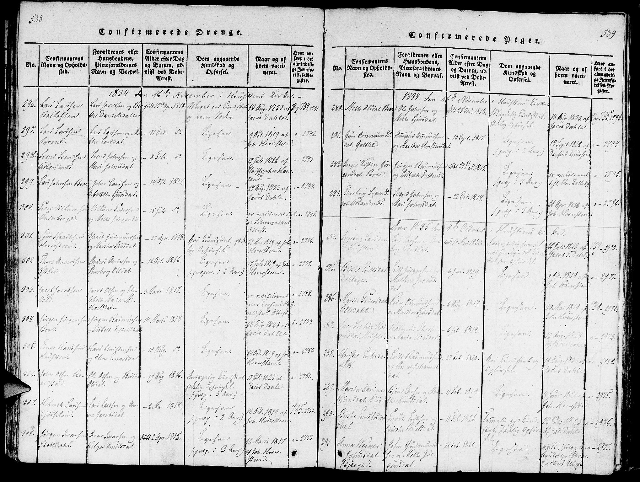 Rennesøy sokneprestkontor, AV/SAST-A -101827/H/Ha/Haa/L0004: Parish register (official) no. A 4, 1816-1837, p. 538-539