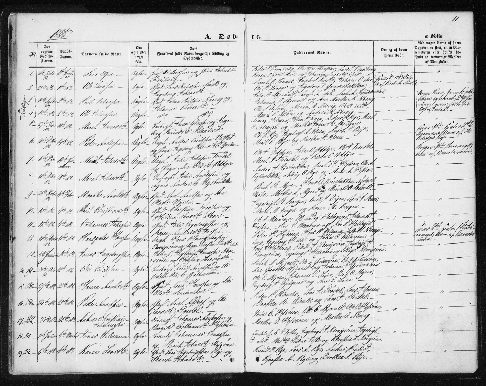 Ministerialprotokoller, klokkerbøker og fødselsregistre - Sør-Trøndelag, SAT/A-1456/668/L0806: Parish register (official) no. 668A06, 1854-1869, p. 11