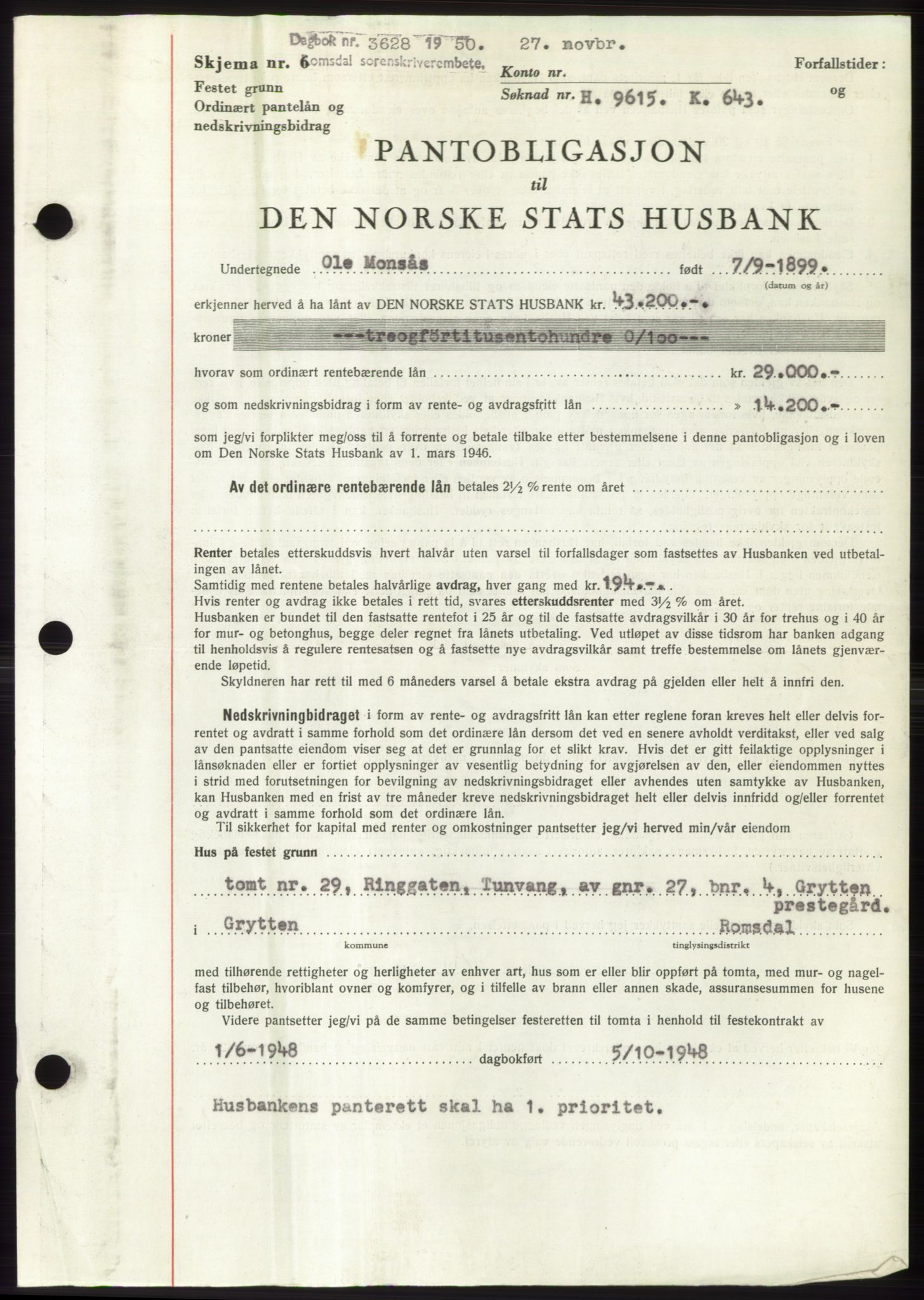 Romsdal sorenskriveri, AV/SAT-A-4149/1/2/2C: Mortgage book no. B5, 1949-1950, Diary no: : 3628/1950