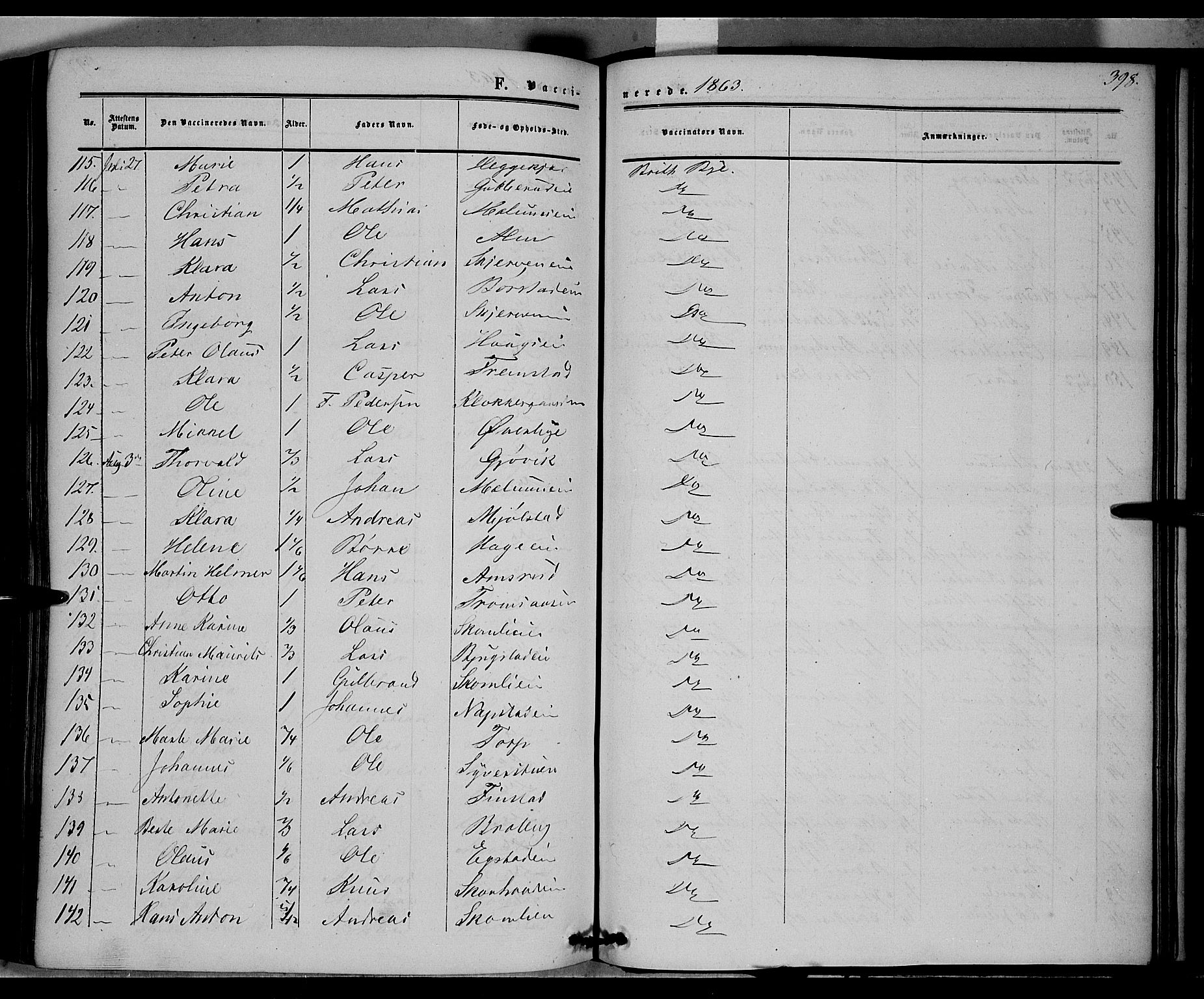 Vardal prestekontor, SAH/PREST-100/H/Ha/Haa/L0006: Parish register (official) no. 6, 1854-1866, p. 398