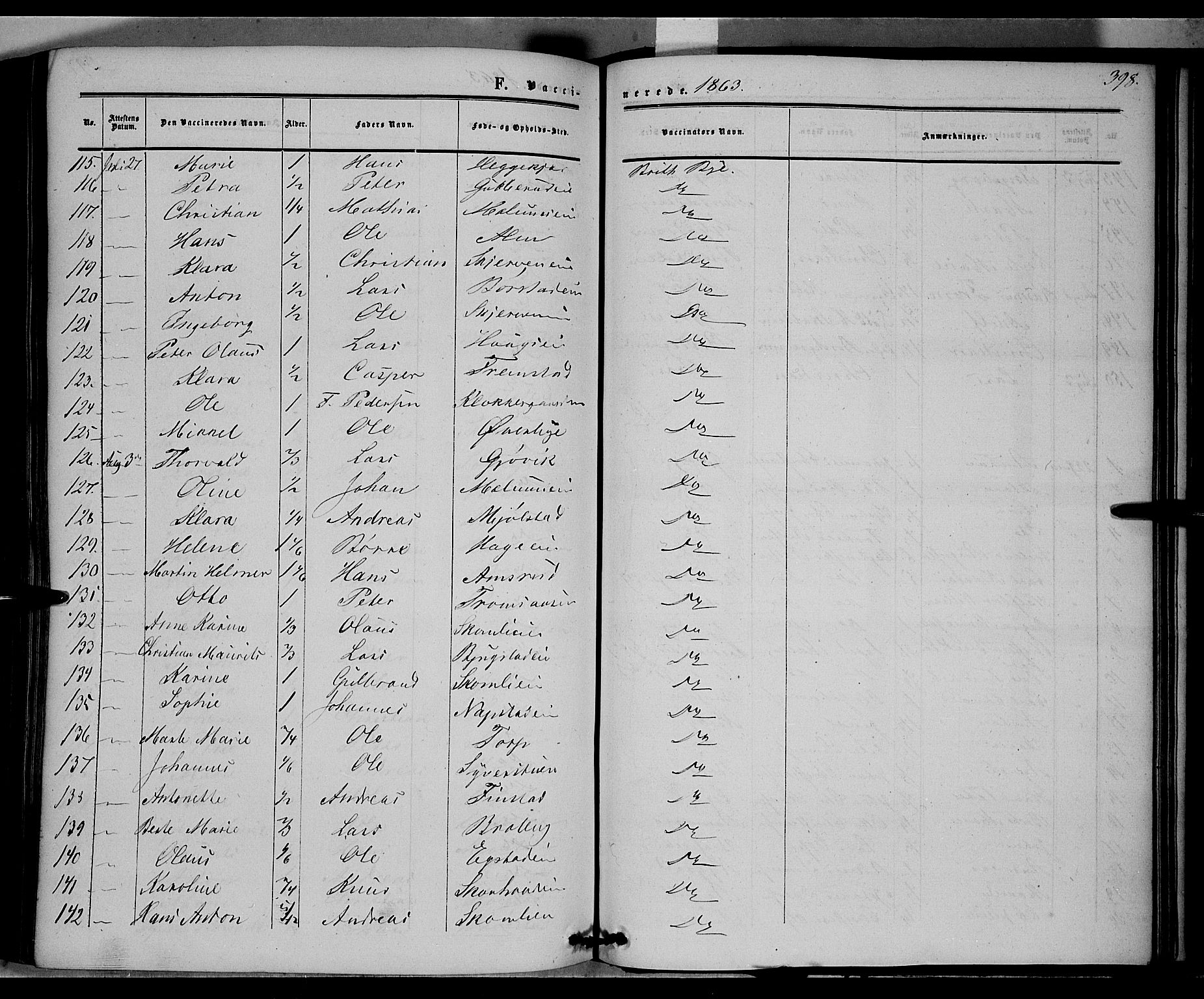 Vardal prestekontor, AV/SAH-PREST-100/H/Ha/Haa/L0006: Parish register (official) no. 6, 1854-1866, p. 398