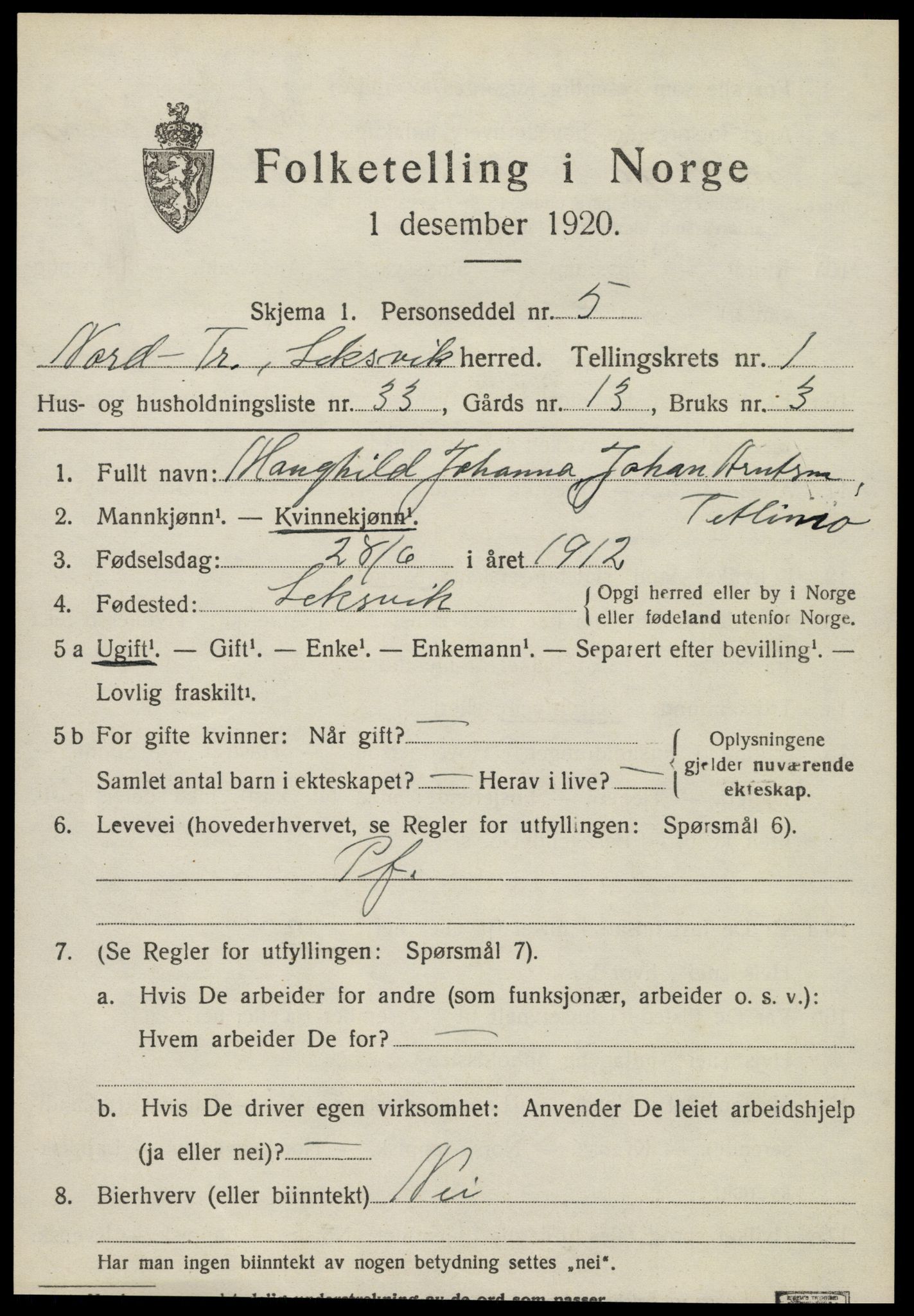 SAT, 1920 census for Leksvik, 1920, p. 1562